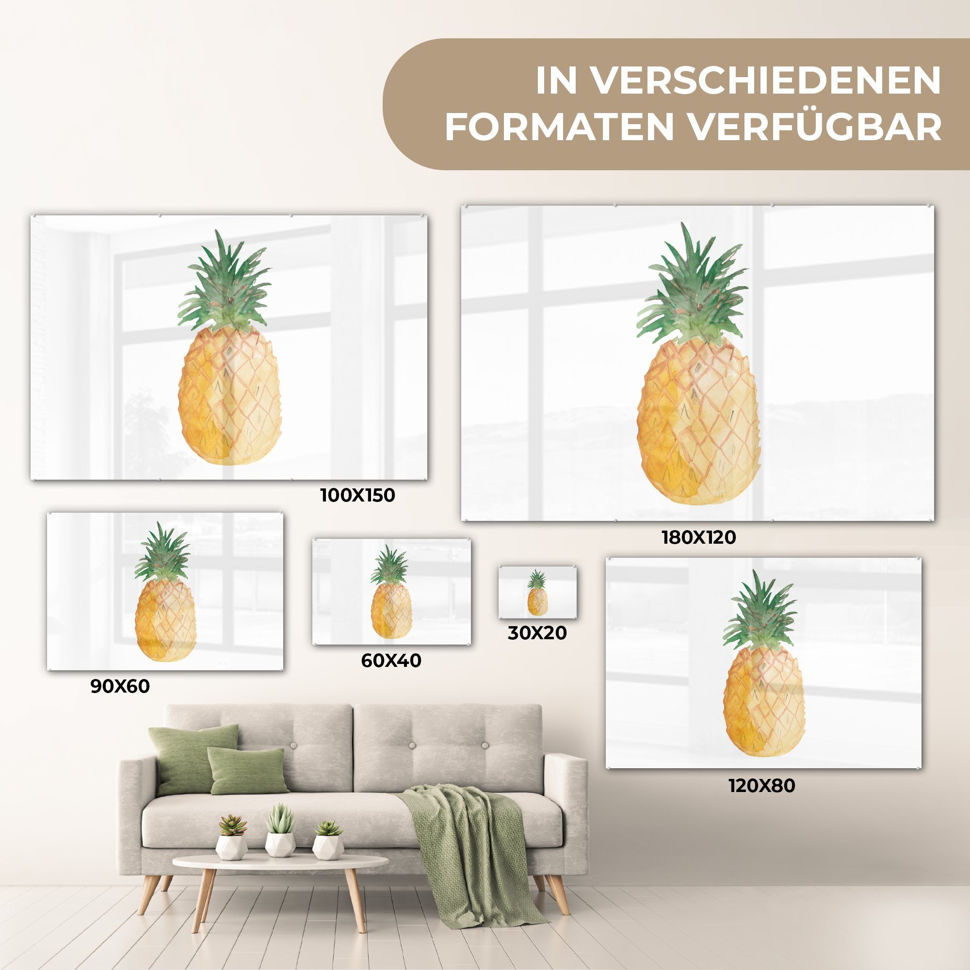 MuchoWow Acrylglasbild - Bilder auf St), Ananas auf Glas Foto Wanddekoration Obst - - Glas (1 - - Weiß, Glasbilder Wandbild
