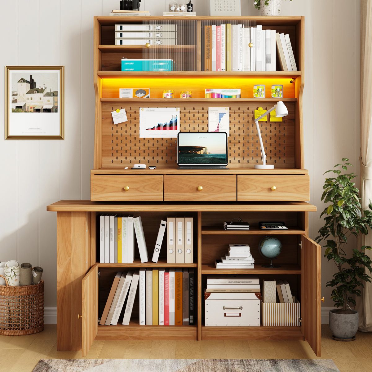 Odikalo Küchenbuffet Küchenschrank Buffetschrank mit Schreibtisch & LED (Multifunktionaler Stehschrank mit LED-Beleuchtung und App-Steuerung, Glastüren verstell – Bild 2 von 5