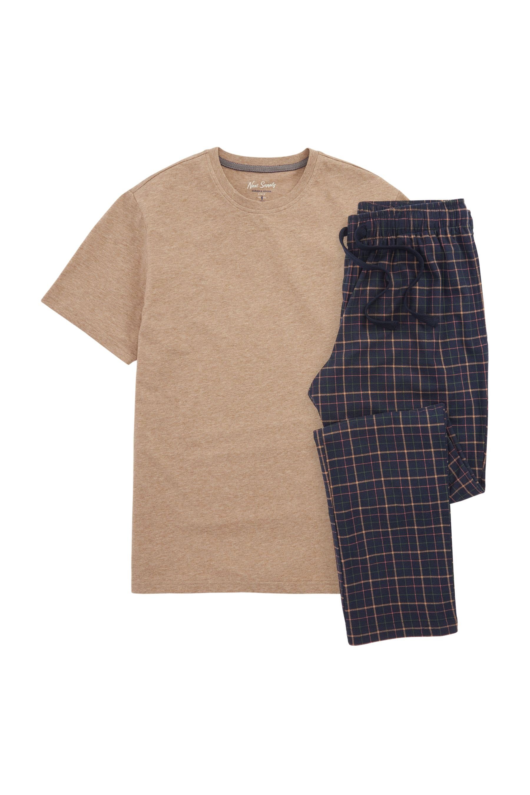 Schlafanzug tlg) Check Pyjama Tan/Navy Motionflex (2 Bequemer Blue Next