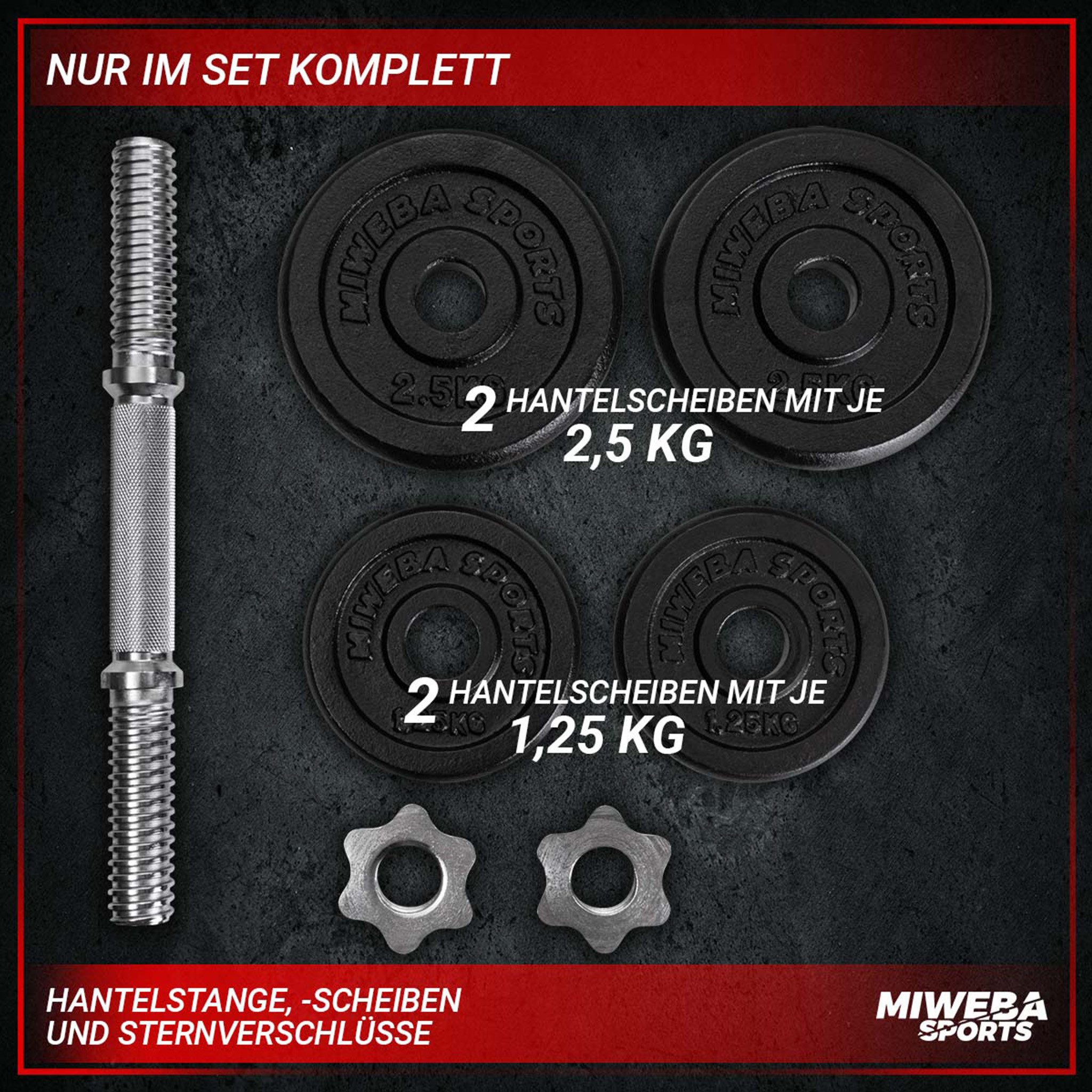 Miweba Sports Hantel-Set Profi Fitness Kurzhantel MKH110, (Hanteln, Hantelpaar, Hantelstange, Gewicht), Rutschfester Griff, Sternverschlüsse für sicheren Halt