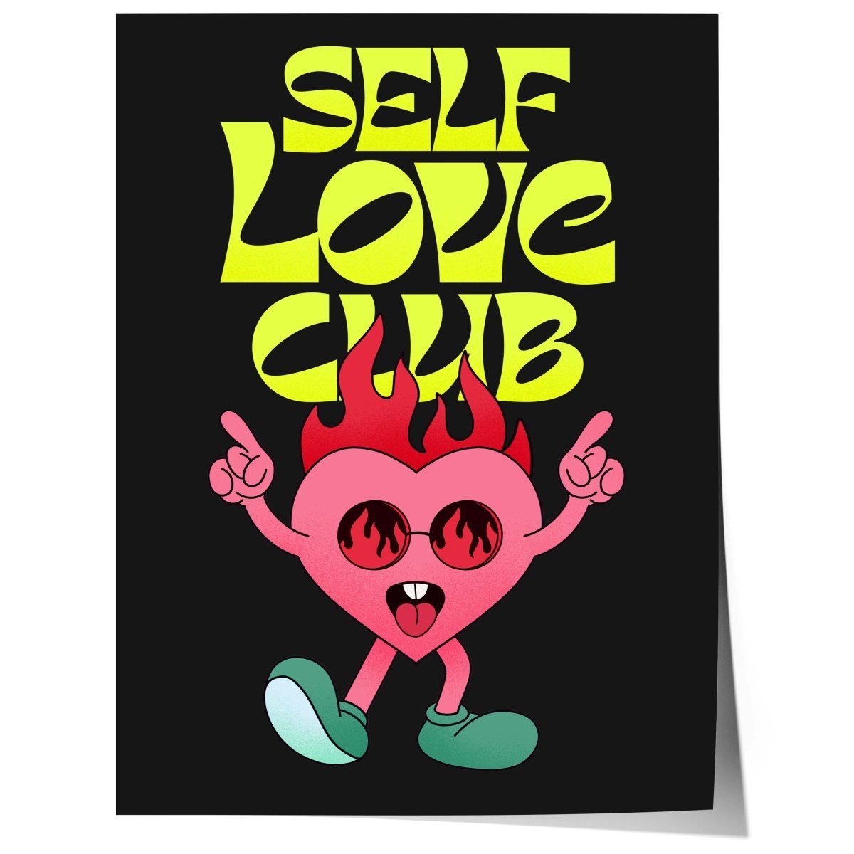 JUSTGOODMOOD Poster Self Love Club Flaming Herz Charakter llustration Retro Pop Art Typogr, (1 St)