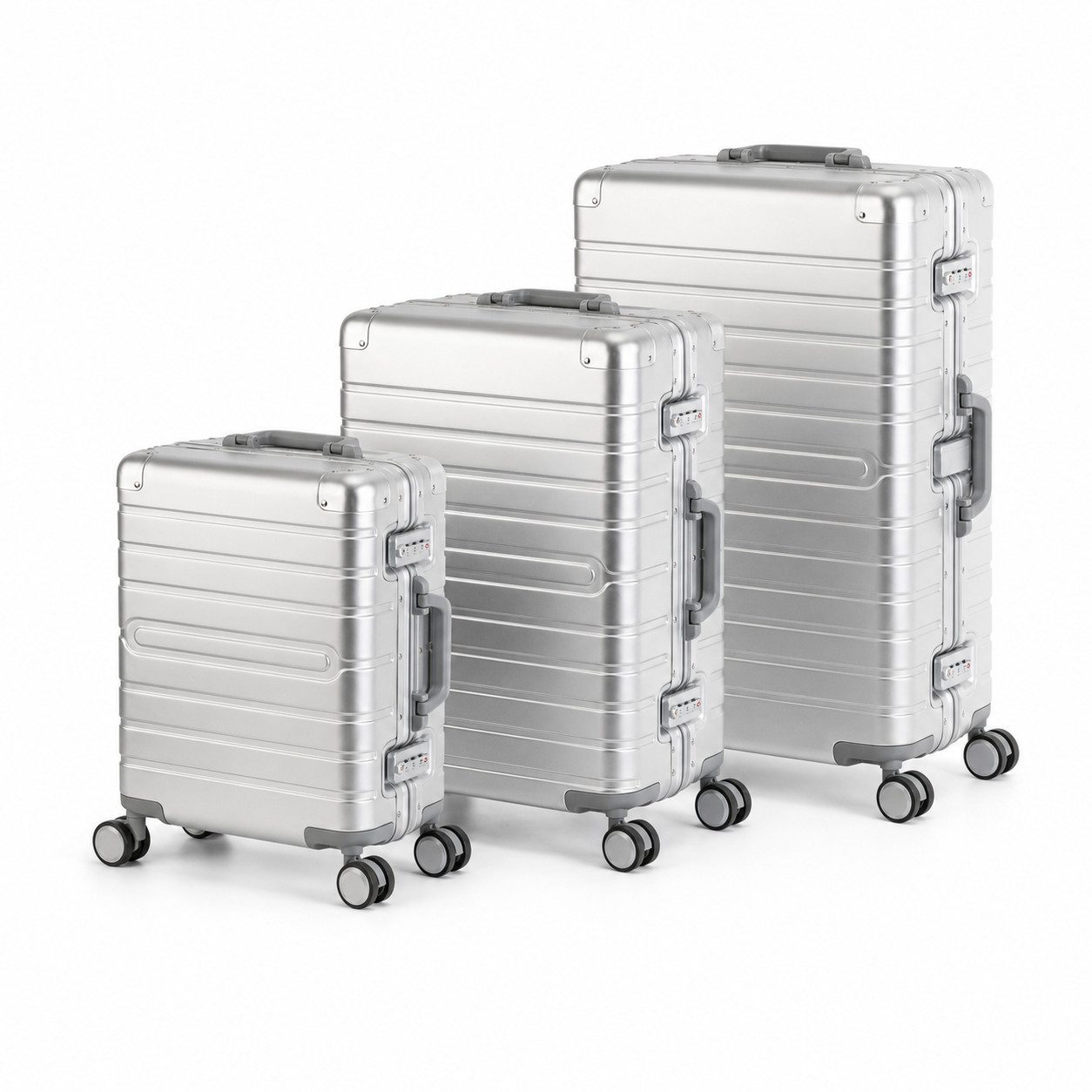 Travelhouse Kofferset 100% Aluminium OSLO - verschiedene Farben, 4 Rollen, (3 tlg., S+M+L), mit stabilem Aluminium-Gehäuse und verstärkten Ecken