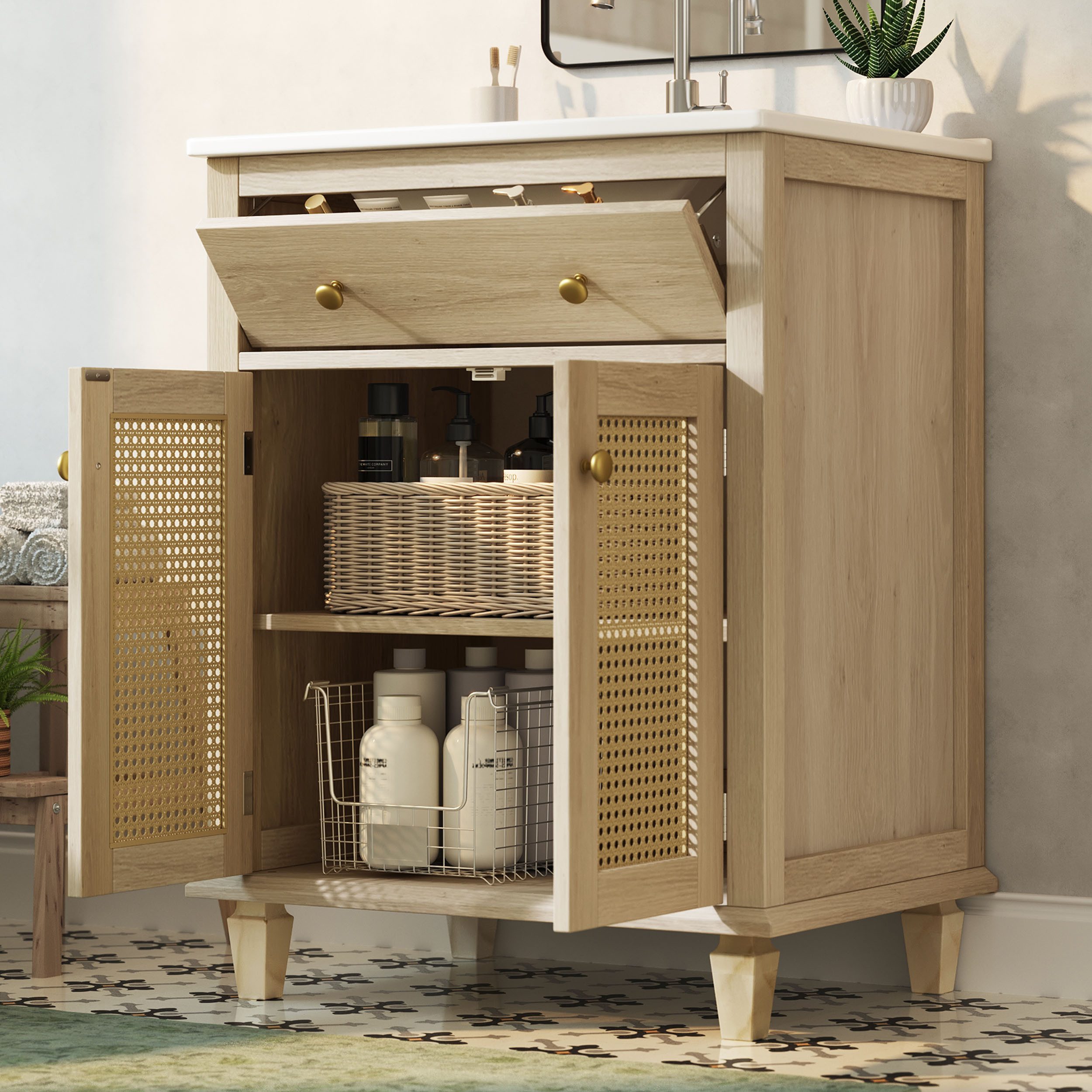 Merax Waschtisch Waschbeckenunterschrank mit Klappschublade inkl. Waschbecken (Badmöbel-Set im Landhausstil Holzoptik, 1-St), Badzimmerschrank mit 2 Rattan Türen & höhenverstellbaren Einlegeböden