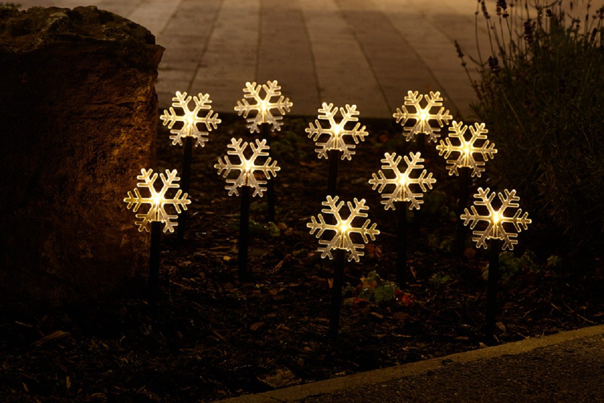 Gartenpirat Gartenleuchte LED Leuchtstäbe Schneeflocke warmweiß 10 Erdspieße Batteriebox Timer, LED fest integriert, Warmweiß, Batteriebox, Timerfunktion
