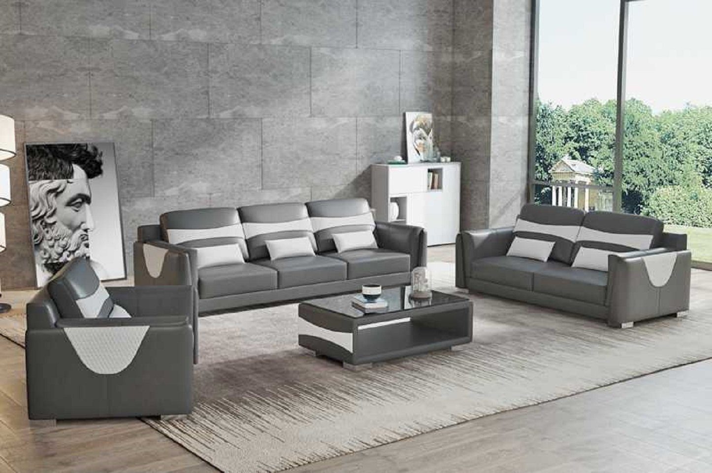 JVmoebel Wohnzimmer-Set Sofagarnitur Luxus Komplette Couchgarnitur Kunstleder Sofa 321, (3-St., Nur Sofa 2+3 Sitzer + Sessel), Made in Europe Grau