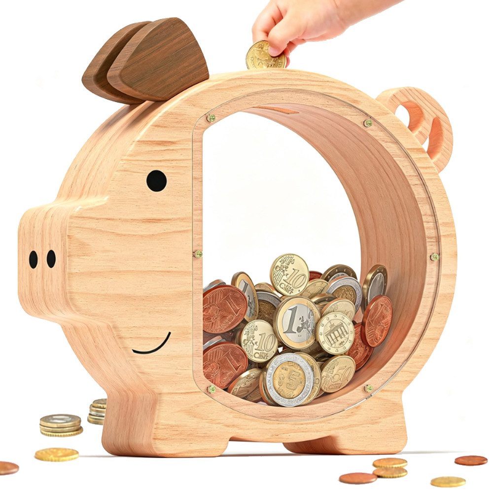 AFKSMILE Spardose Spardose aus Holz, Personalisierte Süße Sparschwein mit Sichtfenster, Münzbank für Jungs & Mädchen, Geburtstag, Ostern & Kinderzimmer Deko