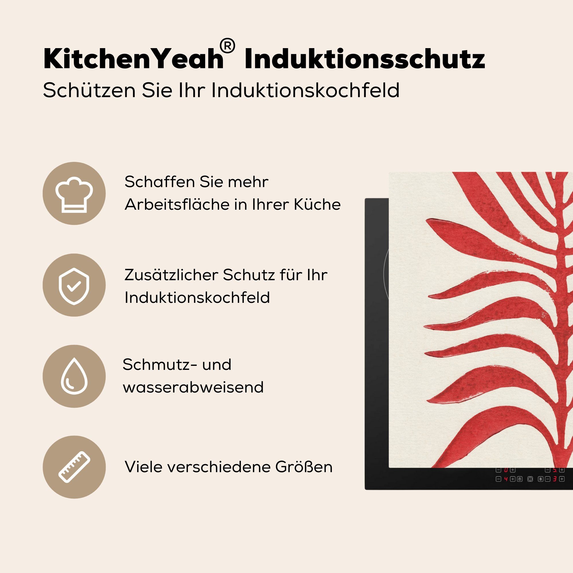 MuchoWow Herdblende-/Abdeckplatte Pflanze - (1 cm, Abstrakt, 60x52 Ceranfeldabdeckung Rot - nutzbar, Mobile Vinyl, tlg), Arbeitsfläche Blätter 