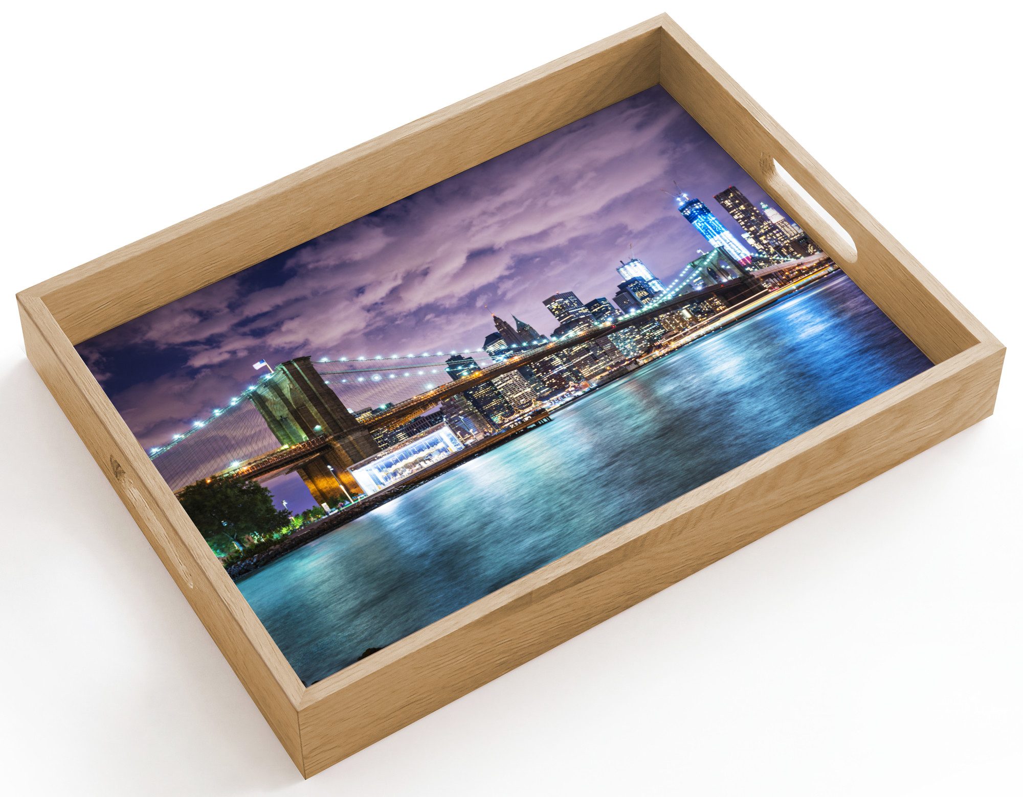 OnlyWow Tablett Rechteckig mit Henkel New York - Skyline - Stadt - Farben, Eichenholz, (1-tlg), Siervierplatte, Tray, Frühstücksbrett
