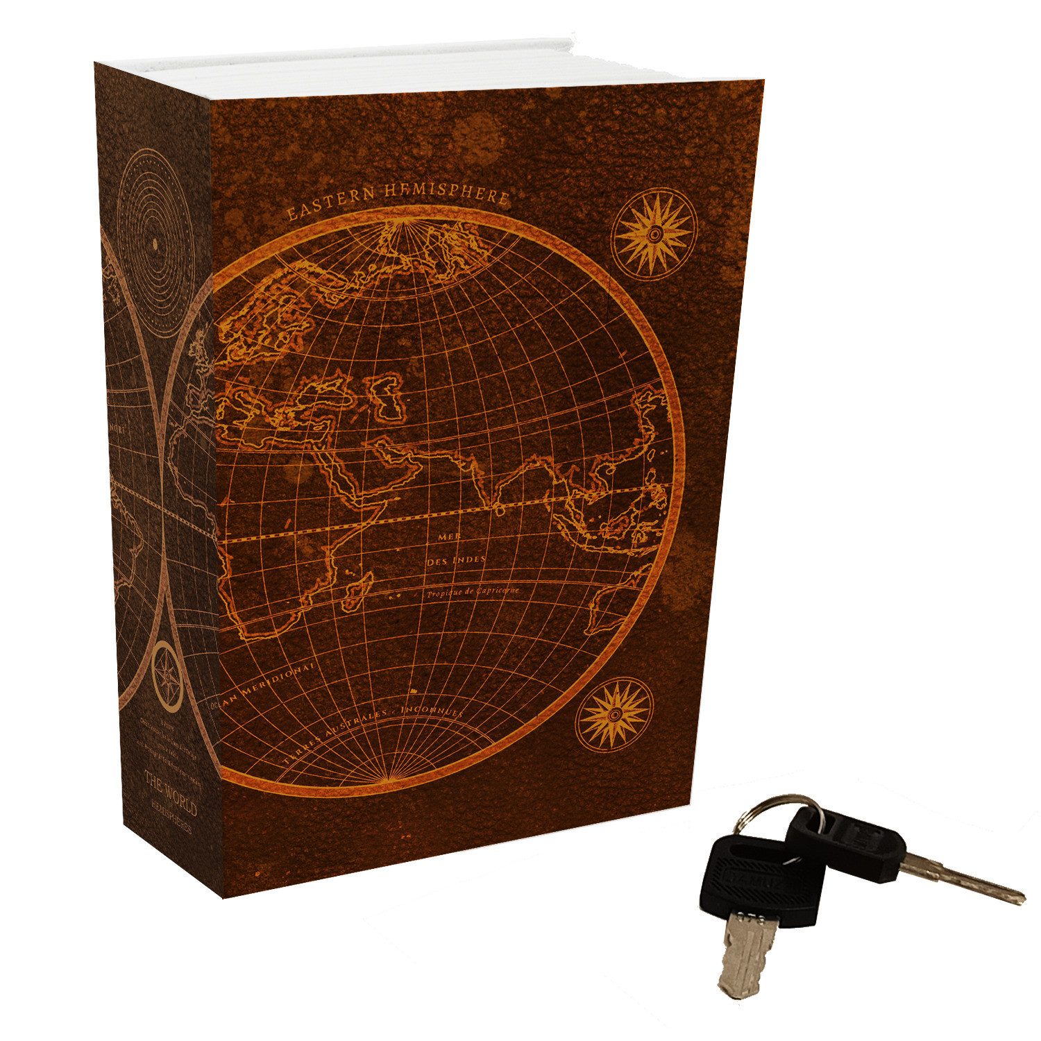 speecheese Buchtresor Hemisphäre Booksafe mit Vintage Weltkarte - THE WORLD