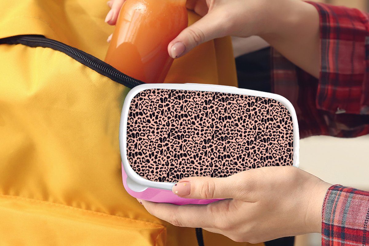 MuchoWow Lunchbox Leopardenmuster - Mädchen, Tiere, Kunststoff, Erwachsene, (2-tlg), - Brotdose Rosa Brotbox Kunststoff Kinder, für Snackbox