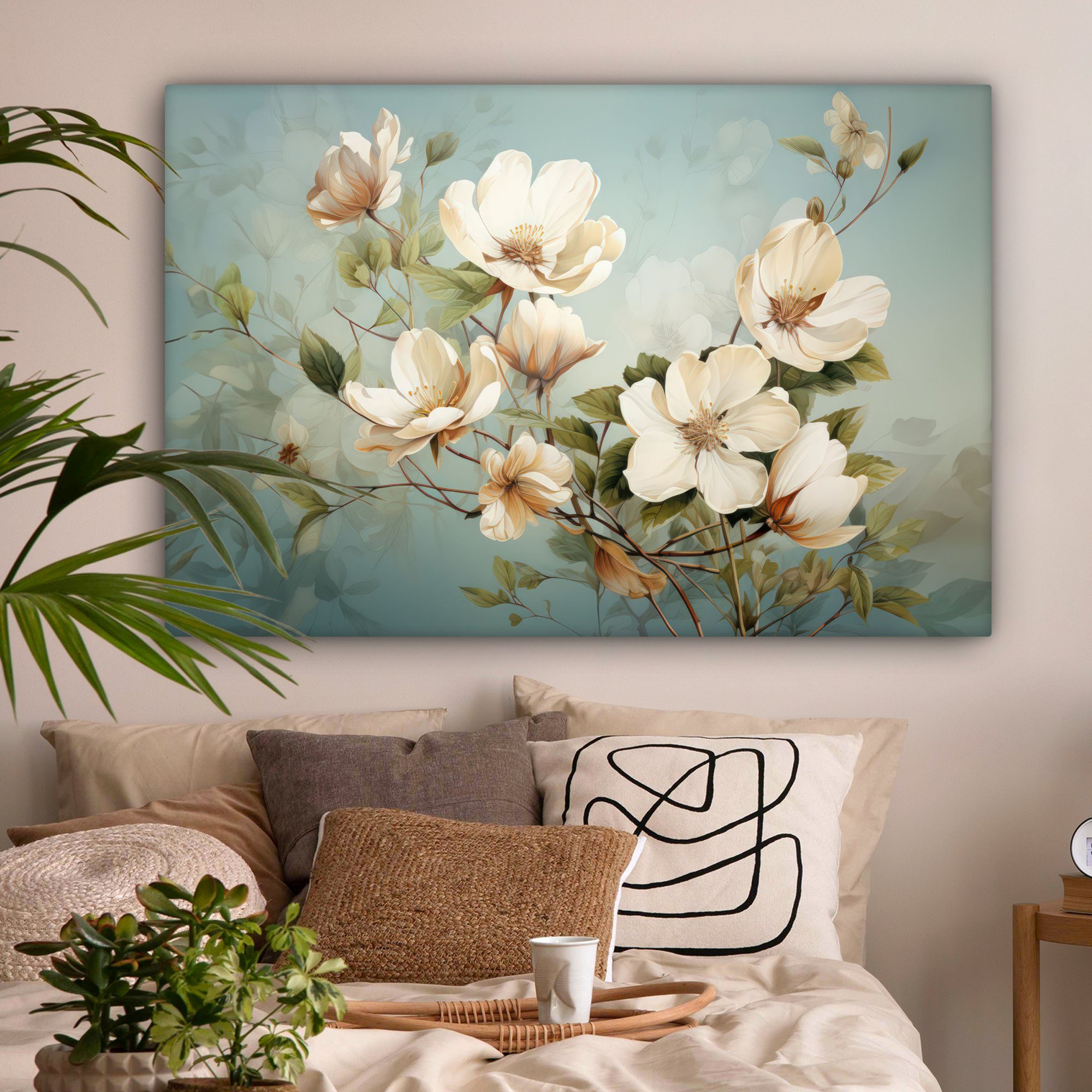 Weiß 120x80 alle großes, Wohnbereiche, cm für XXL, - Natur Gemälde, (1 St), OneMillionCanvasses® - Blumen Leinwandbild - Vintage, Wandbild