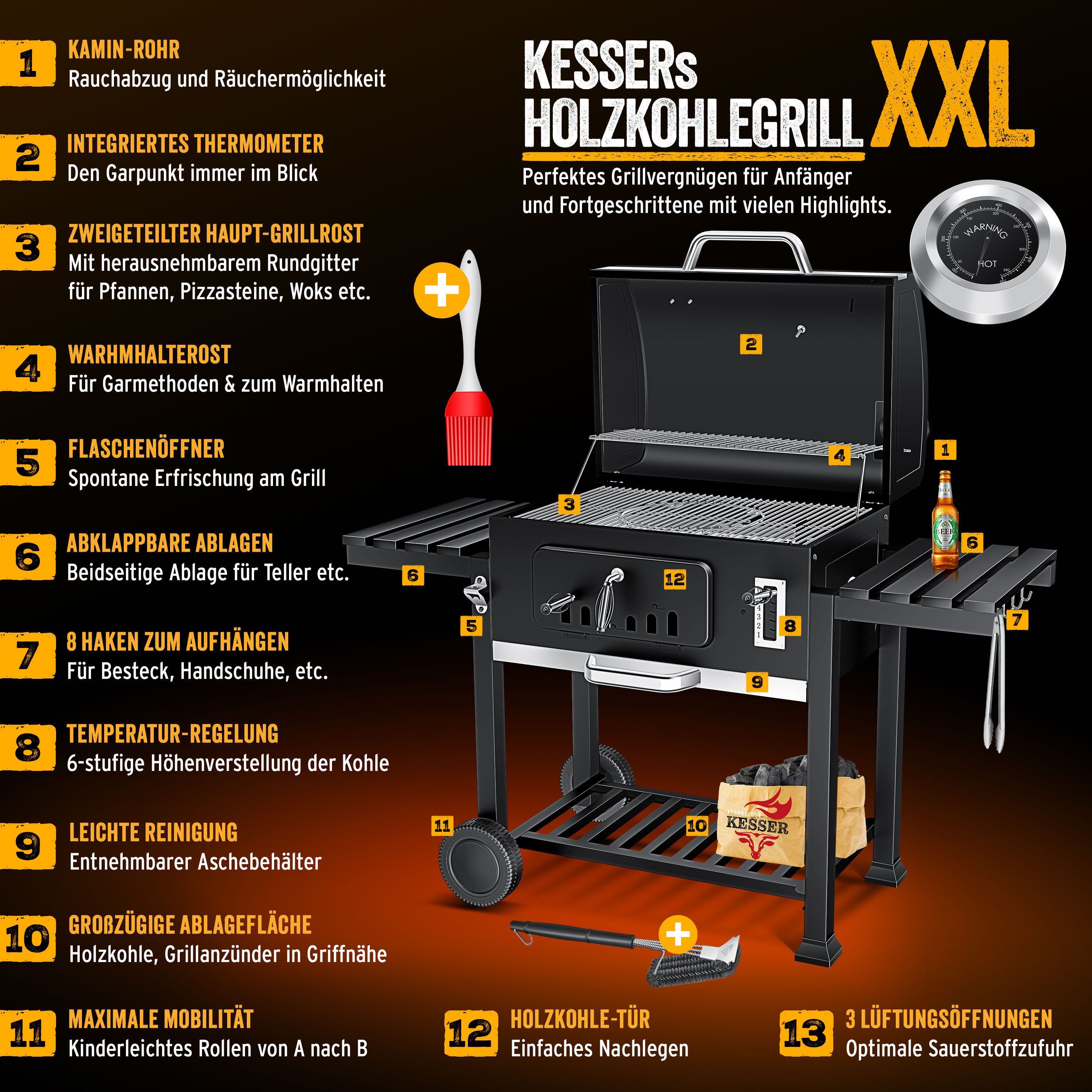 KESSER Holzkohlegrill Grillwagen BBQ Smoker XXL Holzkohlegrill mit Deckel, Rädern, Edelstahl-Griff, Thermometer, Grillrost, Standgrill, Kohlegrillwagen