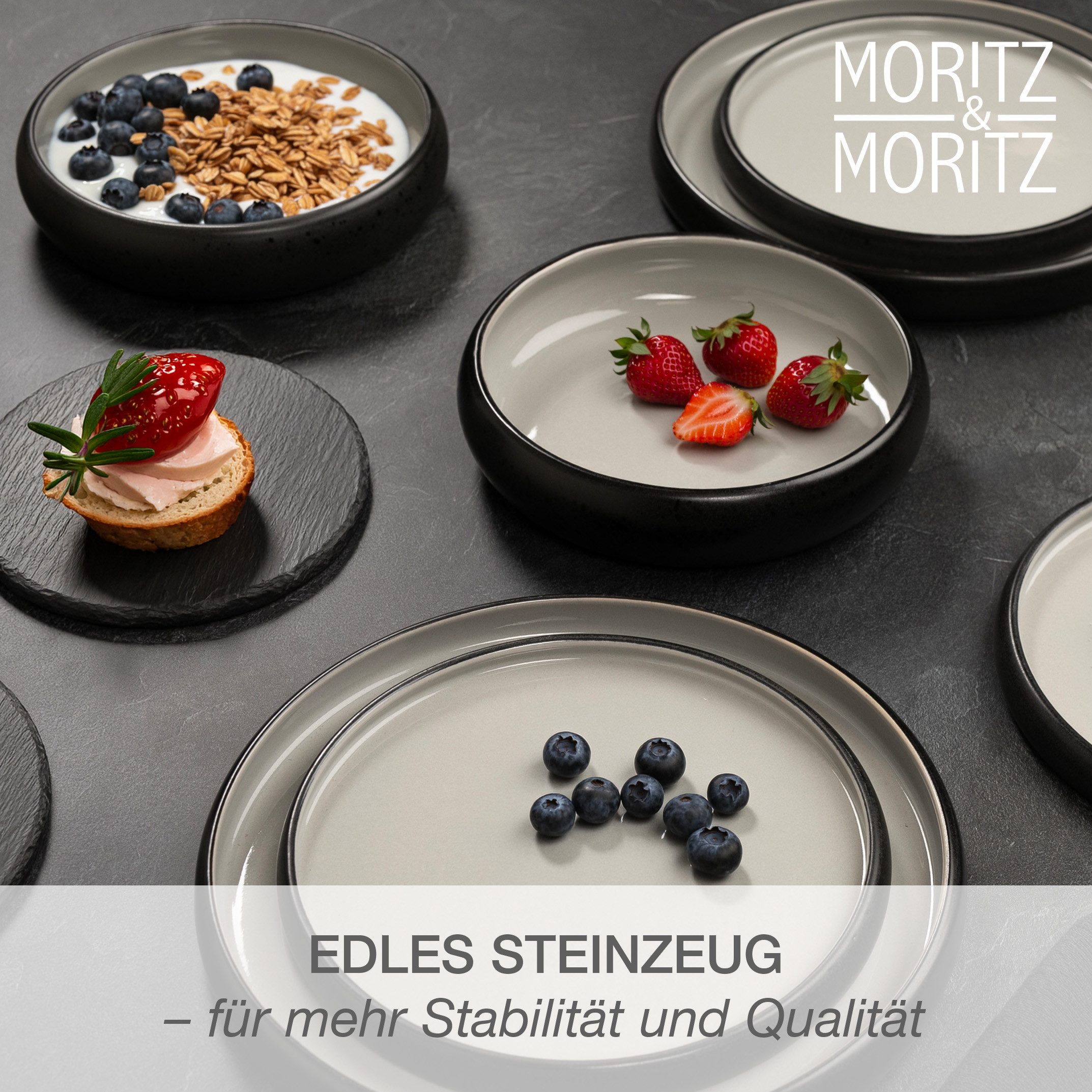 Moritz & Moritz Tafelservice SOLID UNI Geschirrset Grau mit Tassen (24-tlg), 6 Personen, Steinzeug, Kombigeschirr für 6 Personen