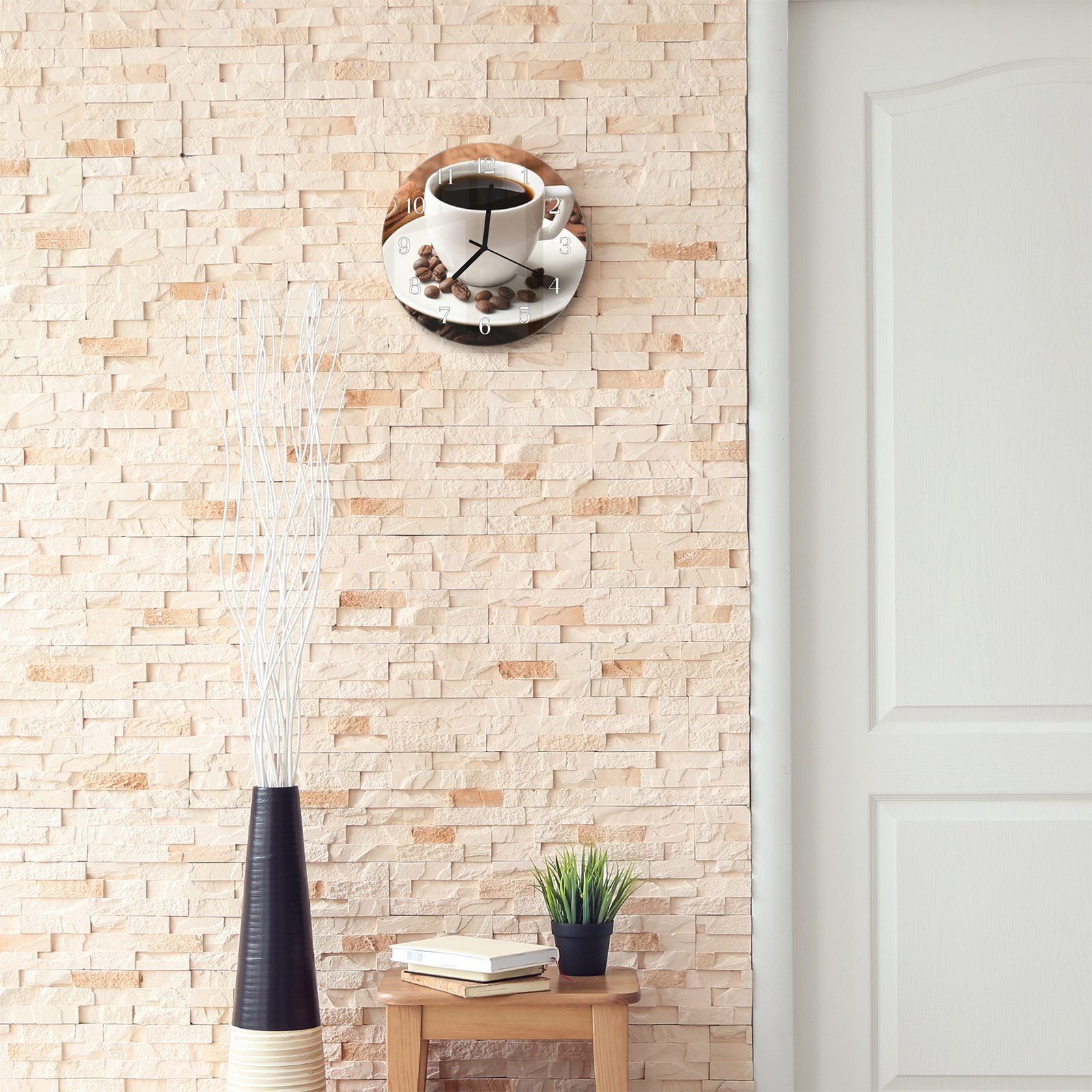 aus mit 30 Quarzuhrwerk - Kaffeetasse Durchmesser Wanduhr und Wanduhr Motiv mit Glas Primedeco Rund cm
