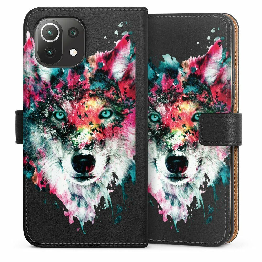 DeinDesign Handyhülle Riza Peker Wolf bunt Wolve ohne Hintergrund, Xiaomi Mi 11 Lite Hülle Handy Flip Case Wallet Cover Handytasche Leder