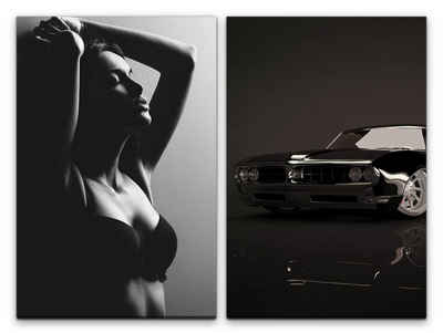 Sinus Art Leinwandbild 2 Bilder je 60x90cm Schöne Frau Sinnlich Schwarz Weiß Muscle-Car Oldtimer Sexy volle Lippen