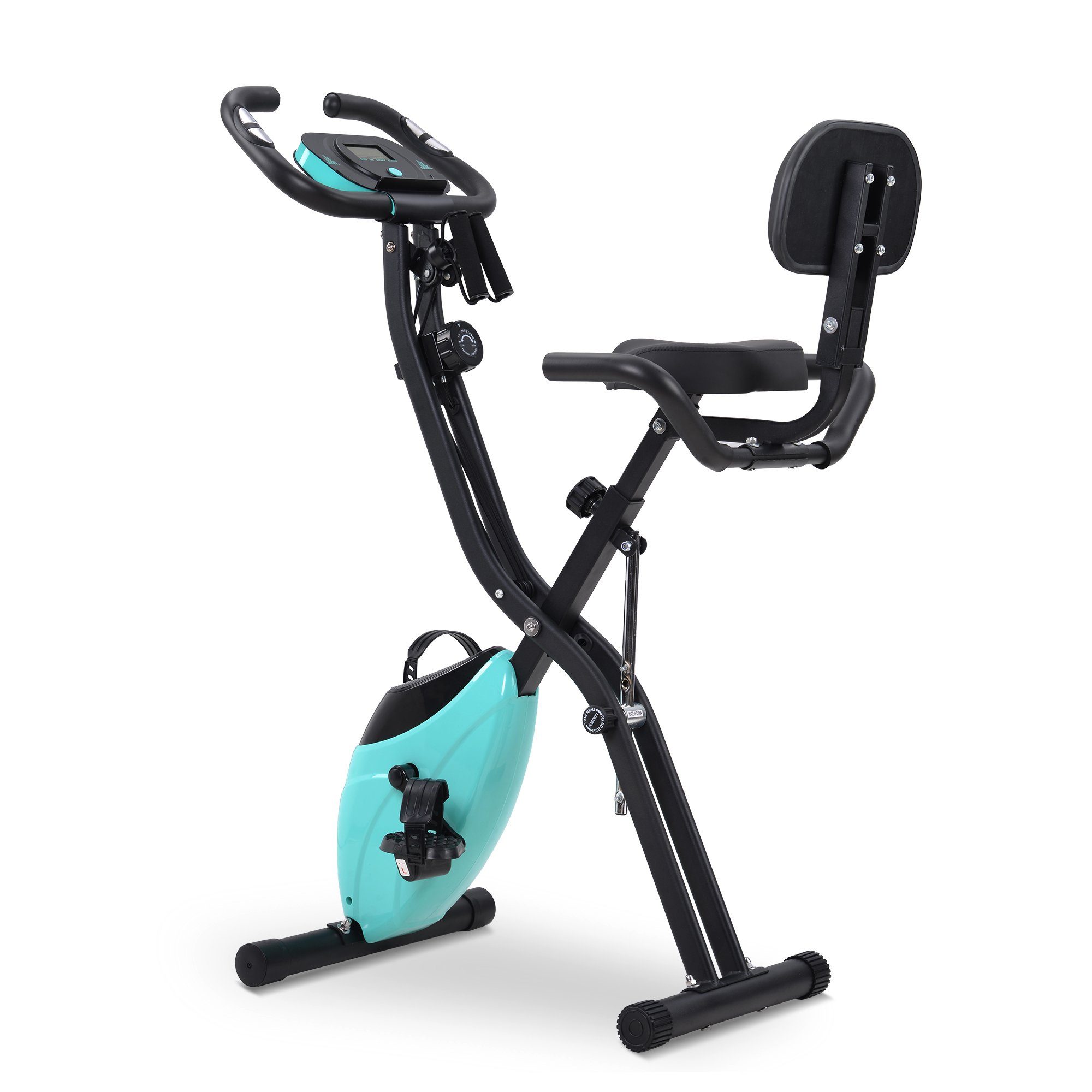 Heimtrainer (magnetische faltbares Fitnessfahrrad), 3-in-1 X-bike mit Expanderbänder, 10 Widerstandsstufen, Max 120 kg