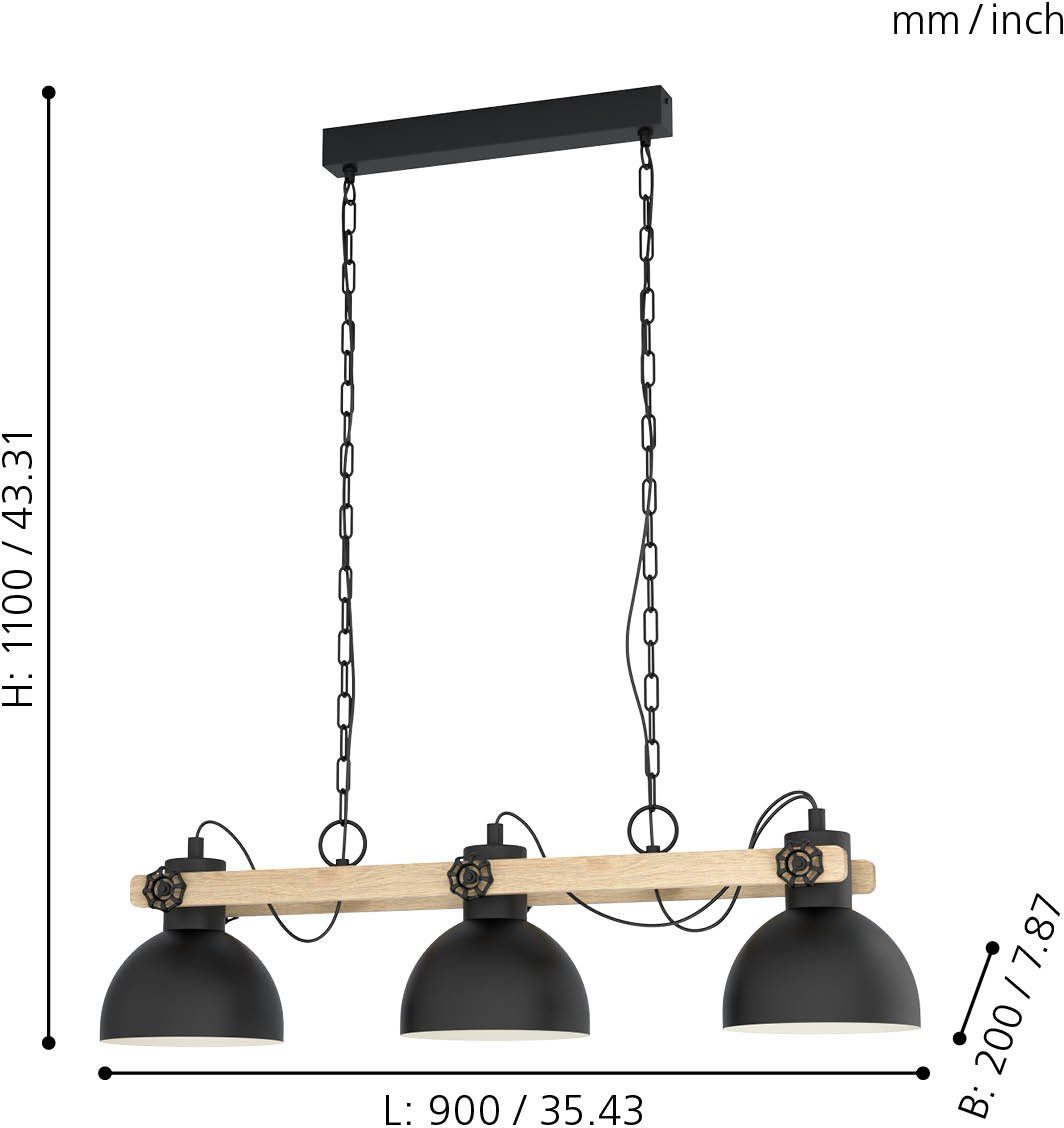 EGLO Hängeleuchte LUBENHAM Hängelampe, Stahl und Holz, E27, IP20, Esszimmerlampe, Lampe, ohne Leuchtmittel, Hängeleuchte, L90 x B20 x H110 cm, schwarz, braun, 3X28W exkl.