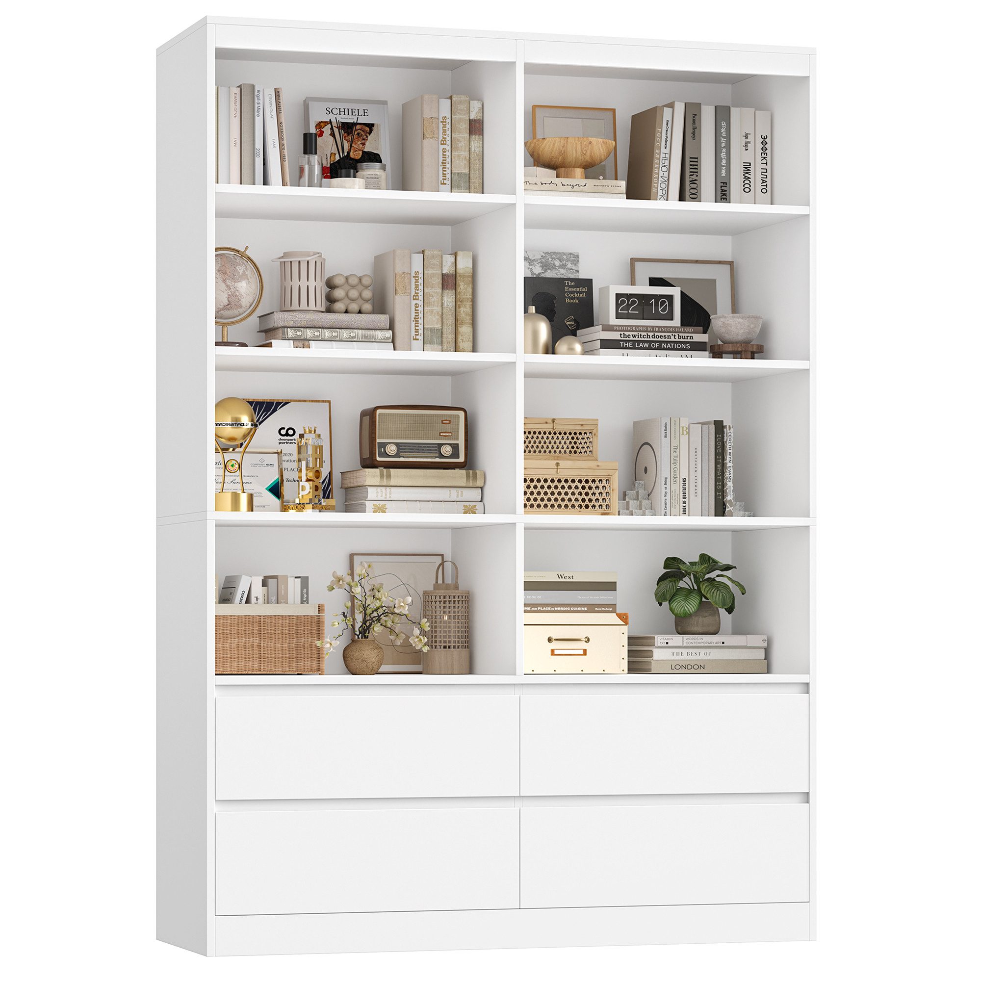 Homfa Bücherregal Hochschrank Standregal Bücherschrank Raumteiler, mit 8 Fächern und 4 Schubladen, 120x30x180cm