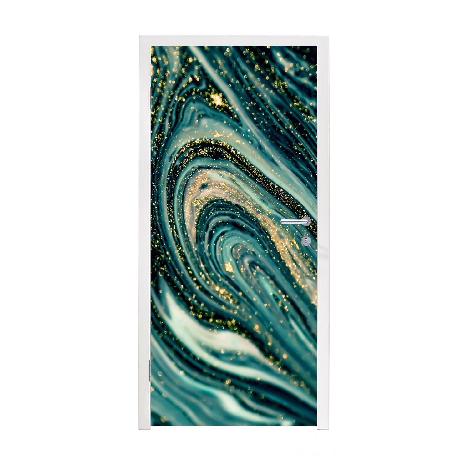 Türaufkleber, Luxus - cm Marmoroptik MuchoWow - Tür, - Türkis Matt, (1 St), bedruckt, 75x205 Türtapete Fototapete für Glitzer, - Gold