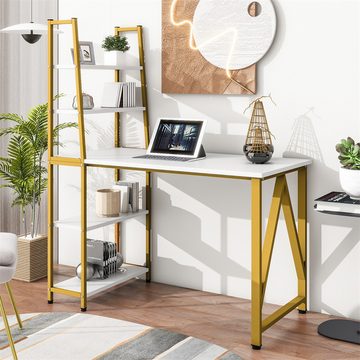 XDeer Wohnzimmertisch Computertisch mit 5 Tier Bücherregal Schreibtisch 120cm, Bürotisch für Home Kleiner Raum Office Tische(Weiß + Gold)