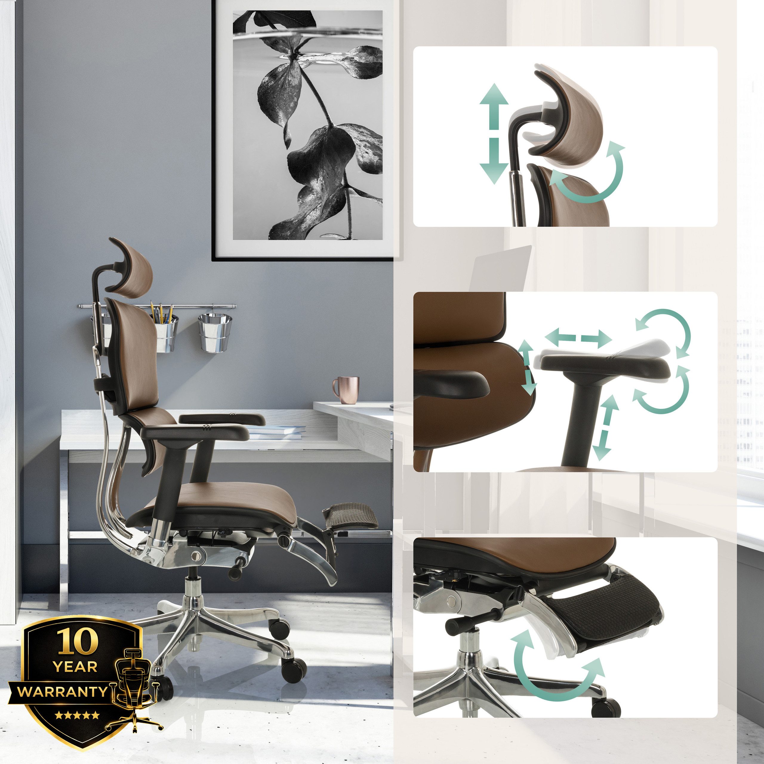 hjh OFFICE Drehstuhl Luxus Chefsessel Ergohuman Plus Legpro Gen2 Leder (1 St), Profi Bürostuhl Schreibtischstuhl ergonomisch