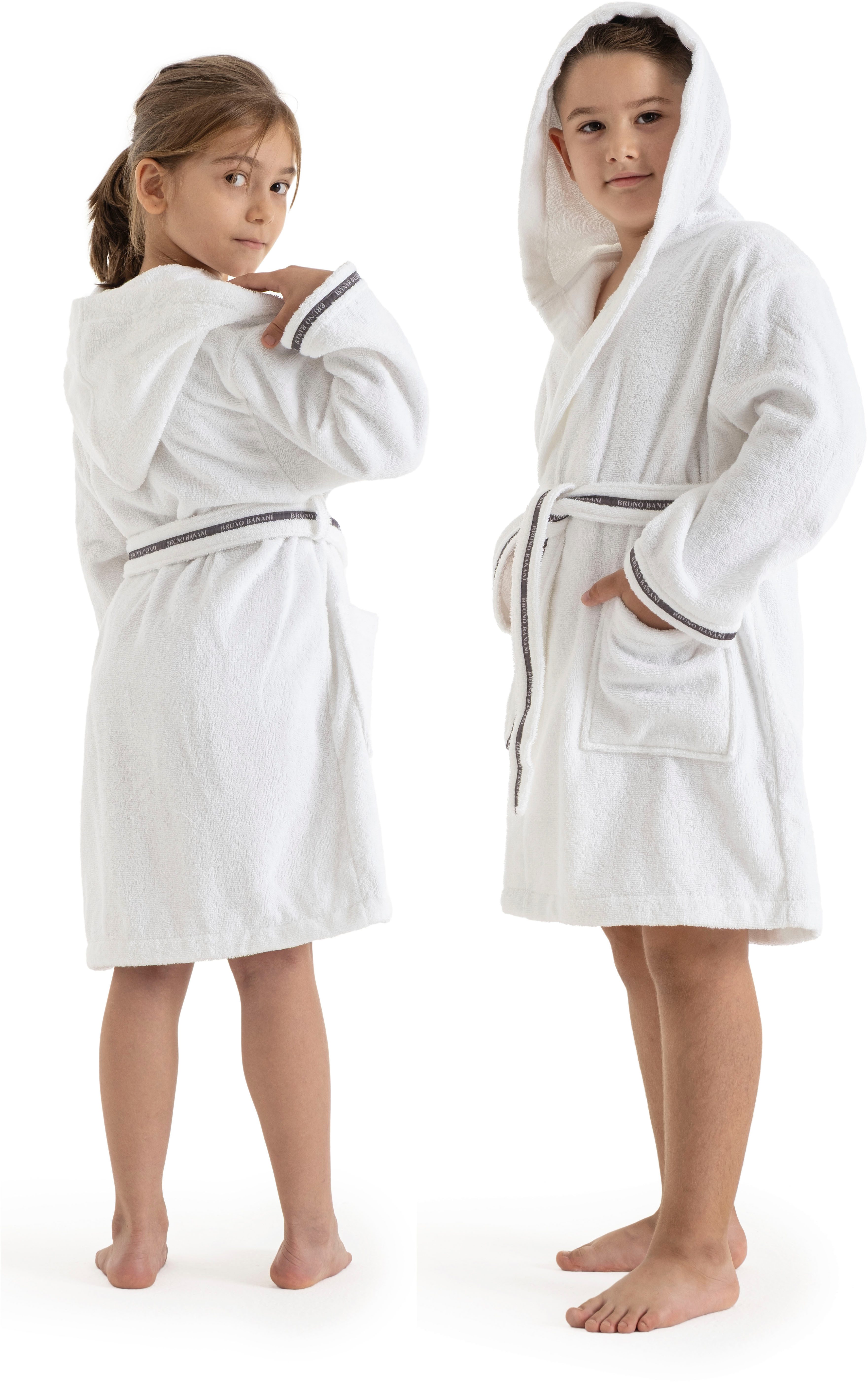 Bruno Banani Kinderbademantel Danny, Ideal für Zuhause, Schwimmbad oder im Urlaub, Langform, Walkfrottee, Kapuze, Gürtel, mit Logostreifen, aus 100% Baumwolle