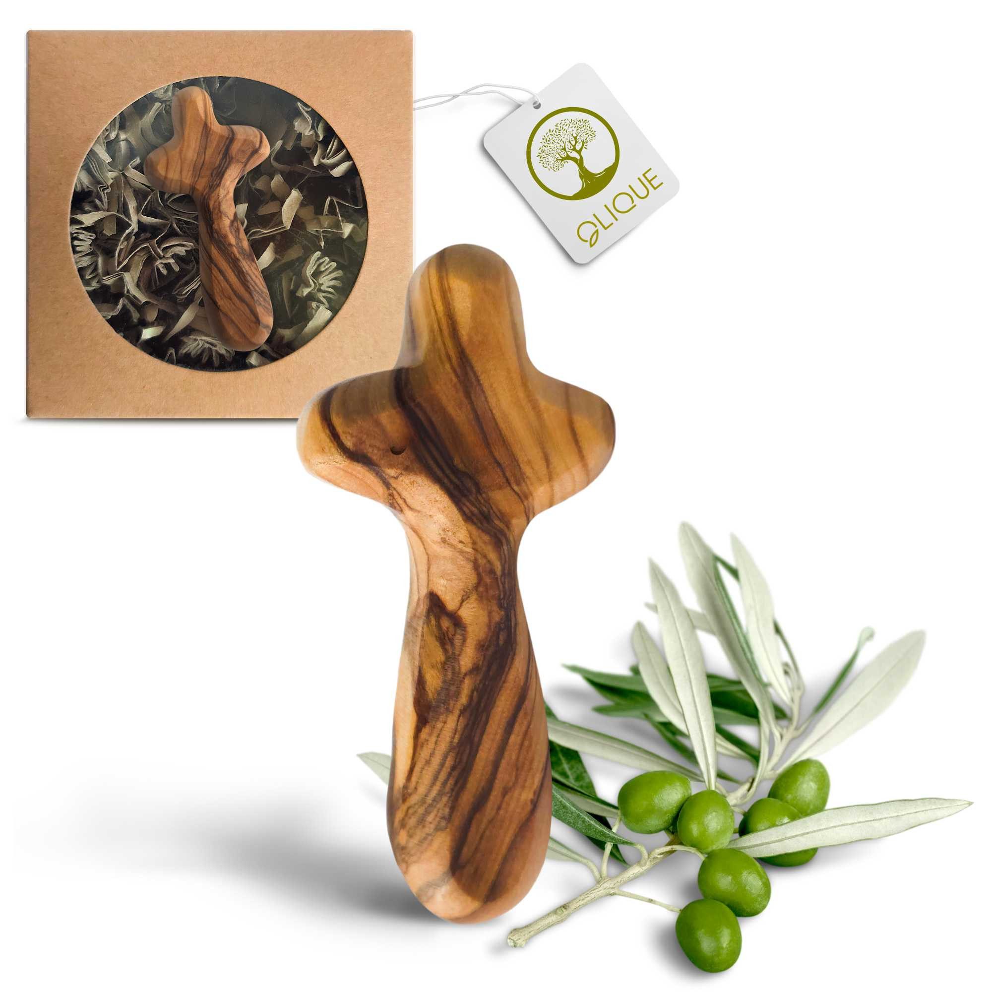 OLIQUE Engelfigur Handgemachter Handschmeichler aus Olivenholz - als Geschenk zur Geburt