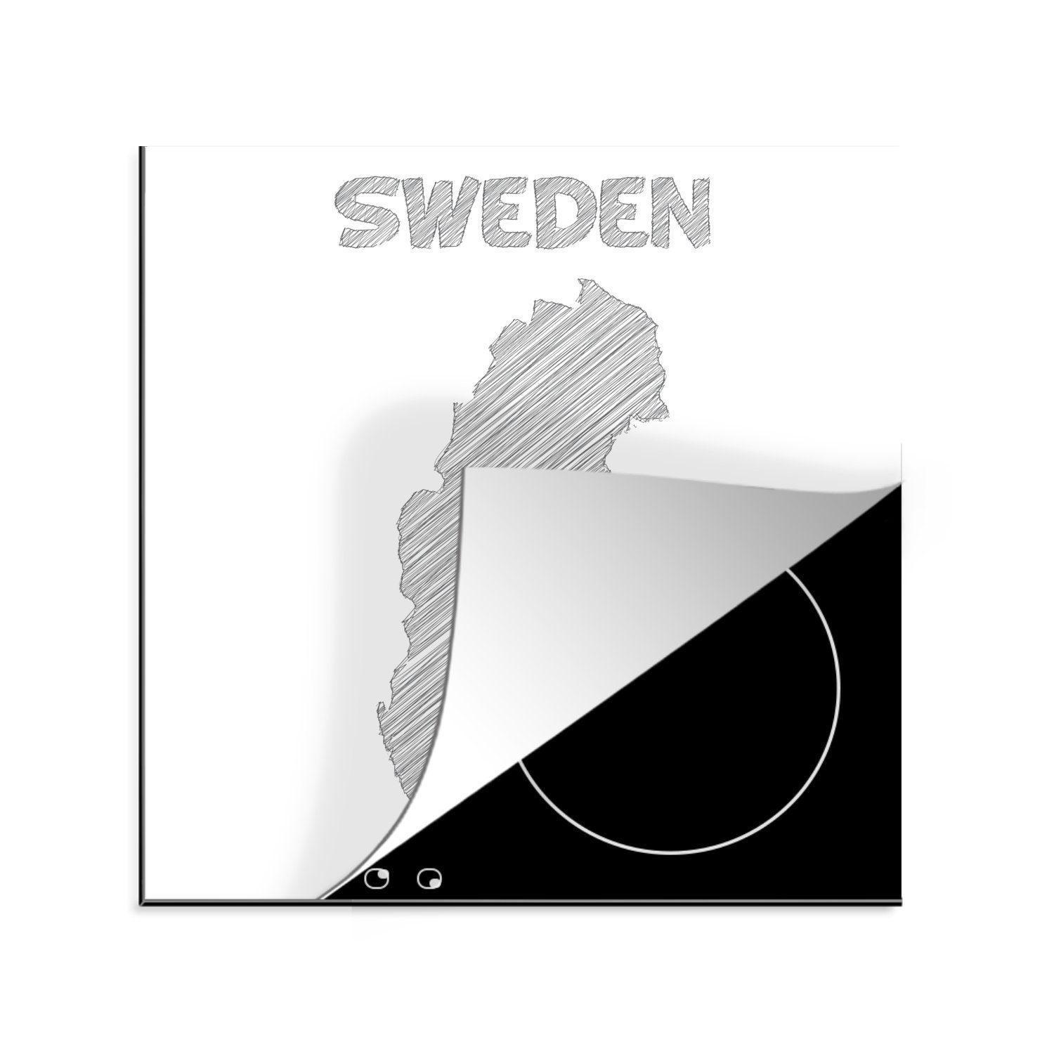 MuchoWow Herdblende-/Abdeckplatte Schwarz-weiße Illustration einer Skizze von Schweden, Vinyl, (1 tlg), 78x78 cm, Ceranfeldabdeckung, Arbeitsplatte für küche
