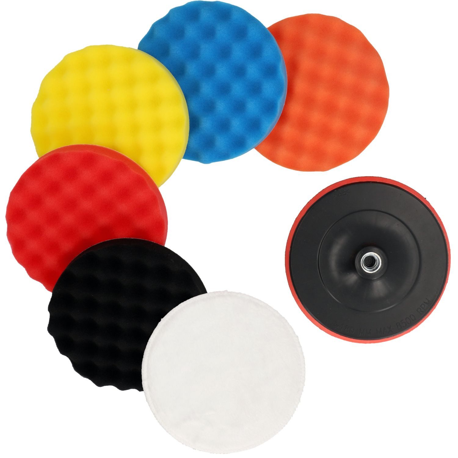 Cartrend Polierpad Polierschwamm Set 180mm M14 mit Polierteller 7-tlg, Polier-Pad Polierpads Klett Pads Polierscheibe für Poliermaschine