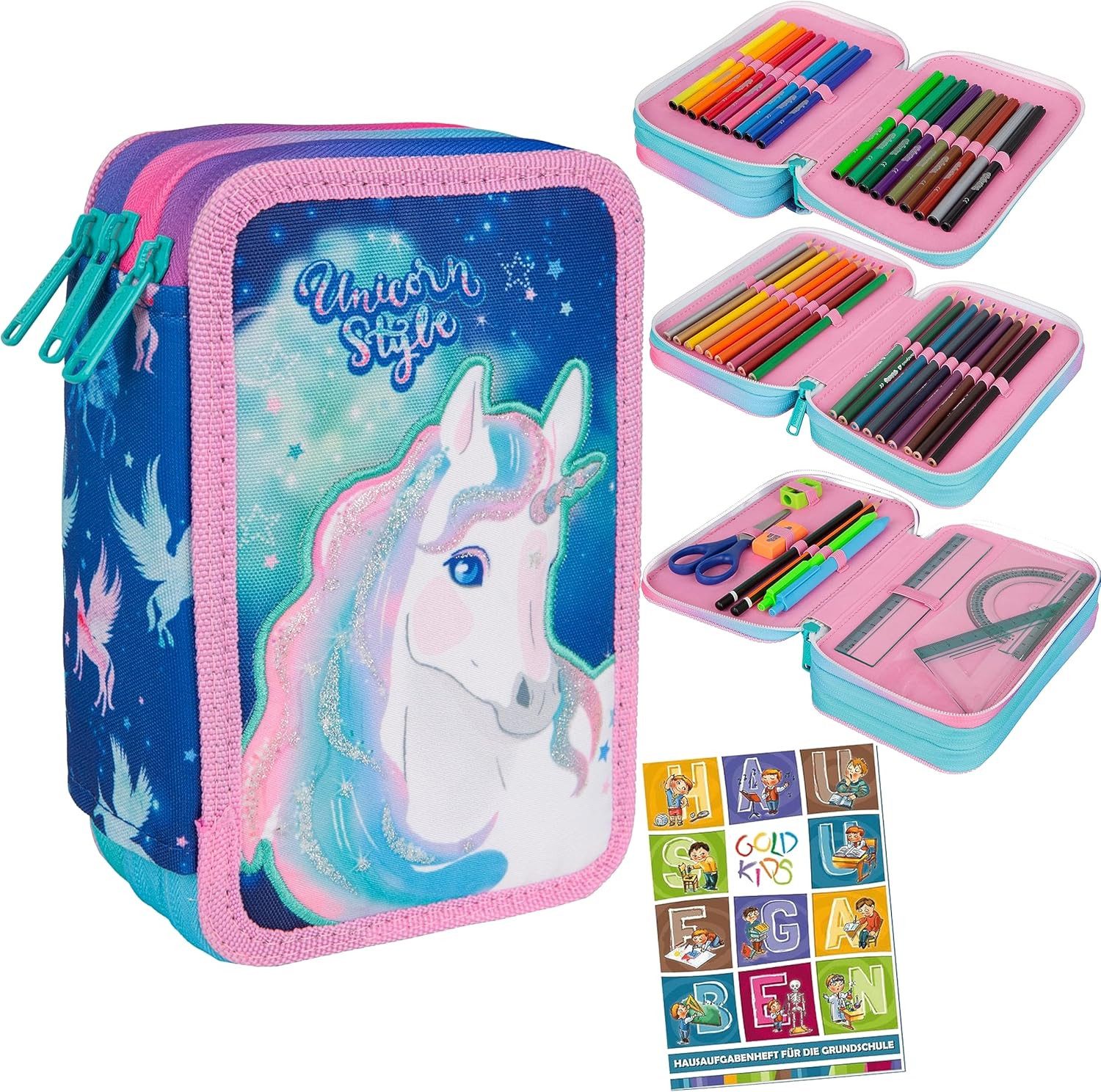 GOLDKIDS Federmäppchen 3-fache Federmappe Colorino Unicorn Einhorn Federmäppchen, (46-teilig gefüllte Schüleretui Stifte und Pinsel inkl., 1-tlg., Aufgabenheft Federbox Etui), Stiftetasche Schlamper-Etui Schul-Etui