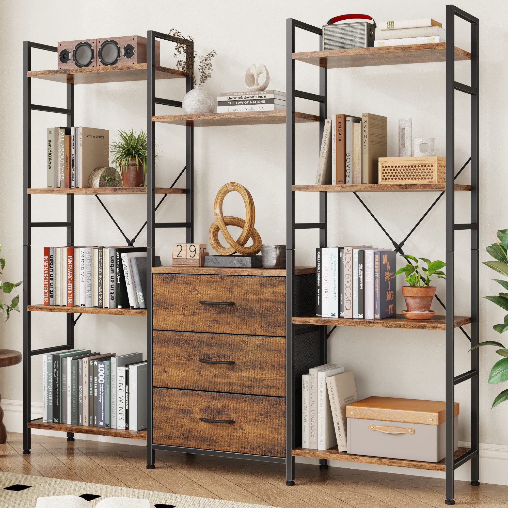OYRREU Mehrzweckregal 10 offene Fächer & 3 Schubladen, kombiniert, Bücherregal, Standregal, industrial Aufbewahrungsregal 1-St., mehrfach, …