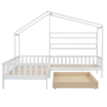 Fangqi Bett 90x200cm+70x140cm Kinderbett mit Zaun und Absturzsicherung, Jugendbett (1-tlg), mit Schubladen, Regalen, und Lattenrost