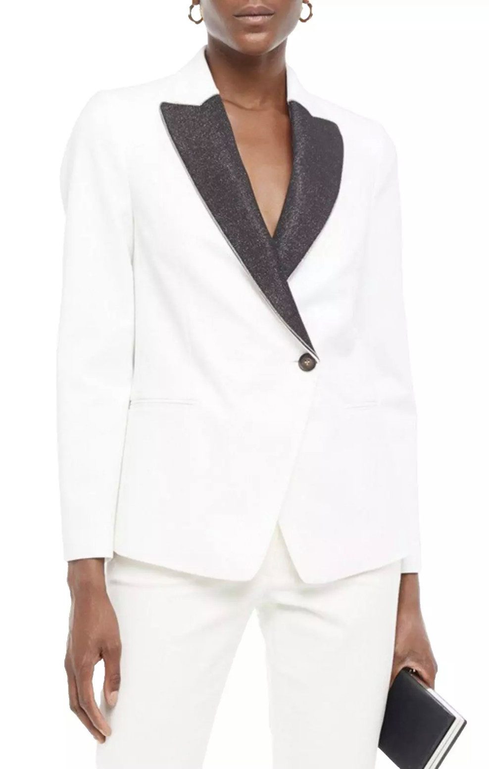 BRUNELLO CUCINELLI Jackenblazer Blazer Sakko mit Perlenverzierung Metallic-Crêpe-Besatz Schimmernde spitze Revers im Tuxedo-Stil
