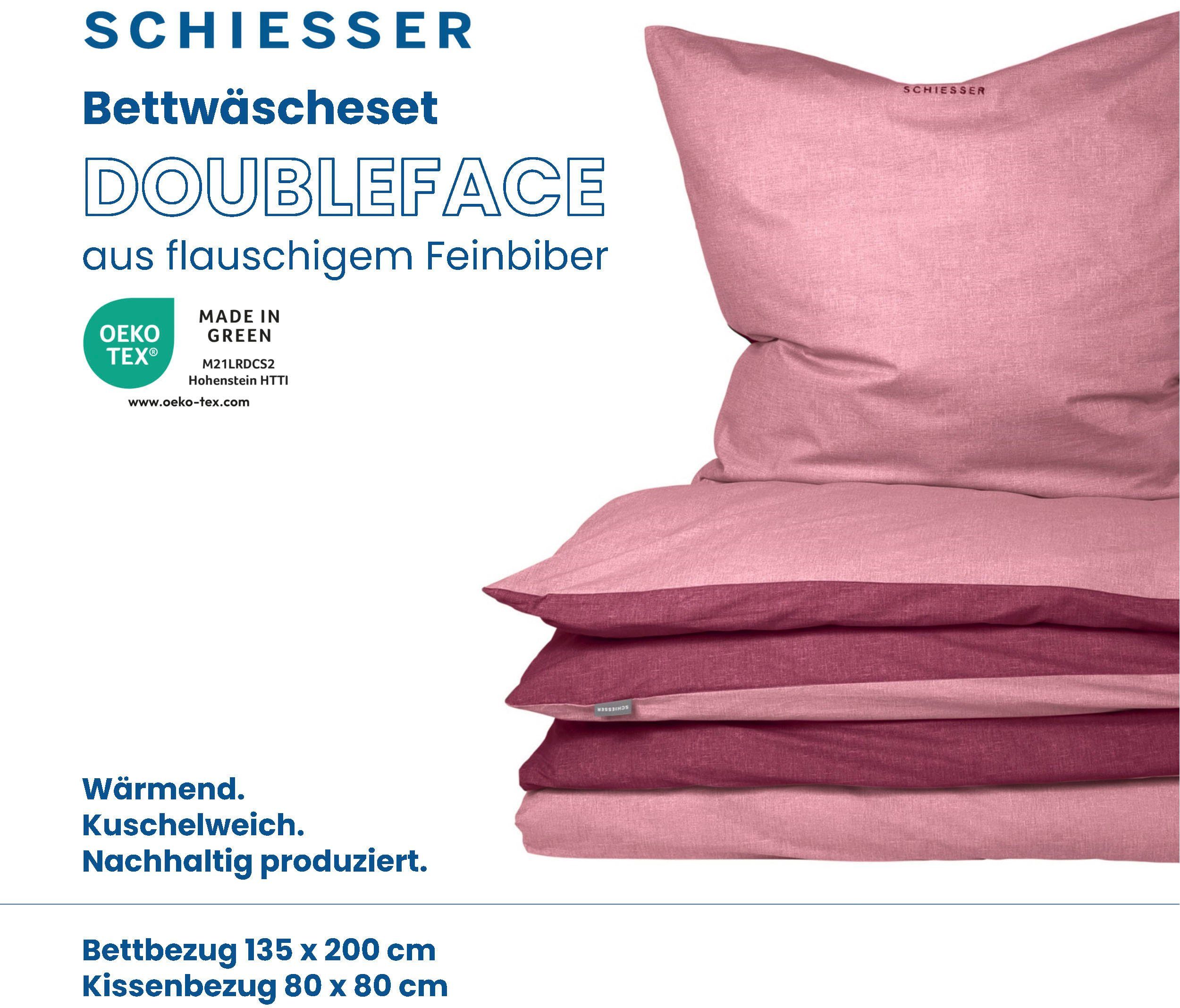 und Schiesser, Wendebettwäsche Logostickerei und teilig, Feinbiber, Altrosa mit Reißverschluss Rosenholz Doubleface, 2