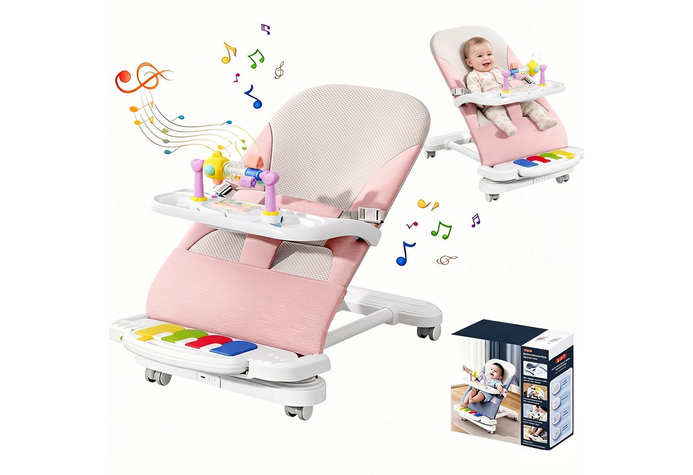 HEYHIPPO Kinderstuhl Babywippe 3-in-1 – mit Klavier, abnehmbarem Tablett, für 4–24 Monate (Packung), Baby-Schaukelwippe 41×81×61 cm, für Füttern & Spielen, max. 30 kg