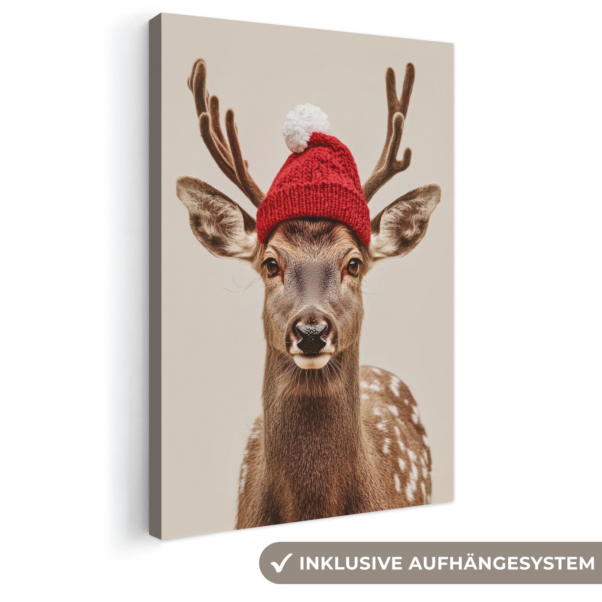 OneMillionCanvasses® Leinwandbild Hirsch - Weihnachten - Hut - Tiere - Winter - Lustig, Fotodruck (1 St), Leinwand Canvas Wandbild, Wanddekoration 20x30 cm