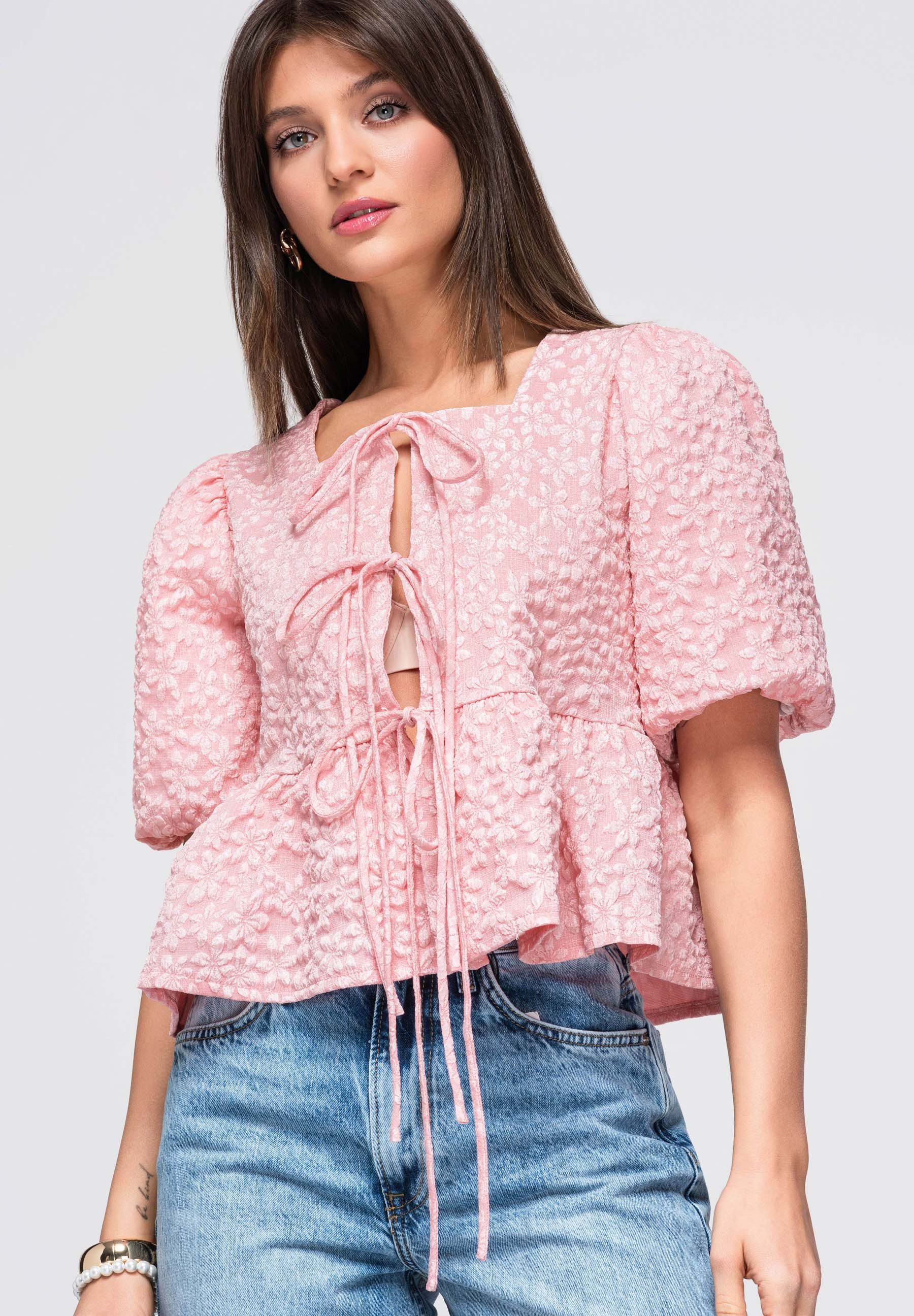 OMBRE Hemdbluse Damen Bluse mit quadratischem Ausschnitt im romantischen Stil Pink L (kein Set, 1-tlg)