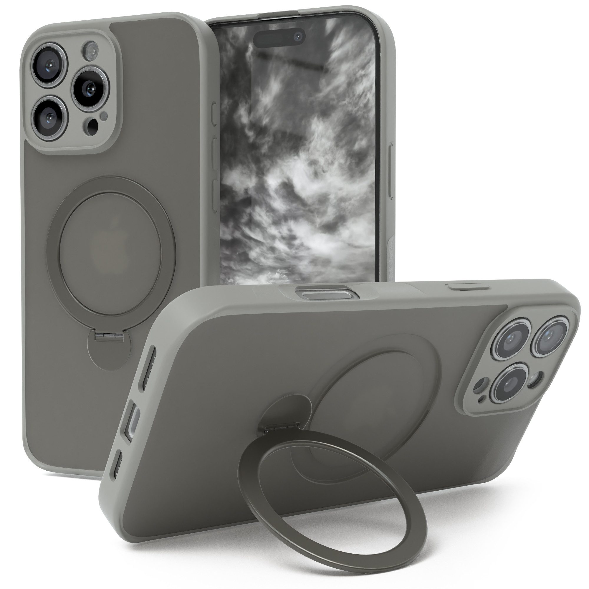 EAZY CASE Handyhülle Outdoor iPhone 16 Pro Max Case MagSafe Ring 6,9 Zoll, Slim Cover Handyhülle stoßfest Silikon Case Outdoorcase kratzfest Grau