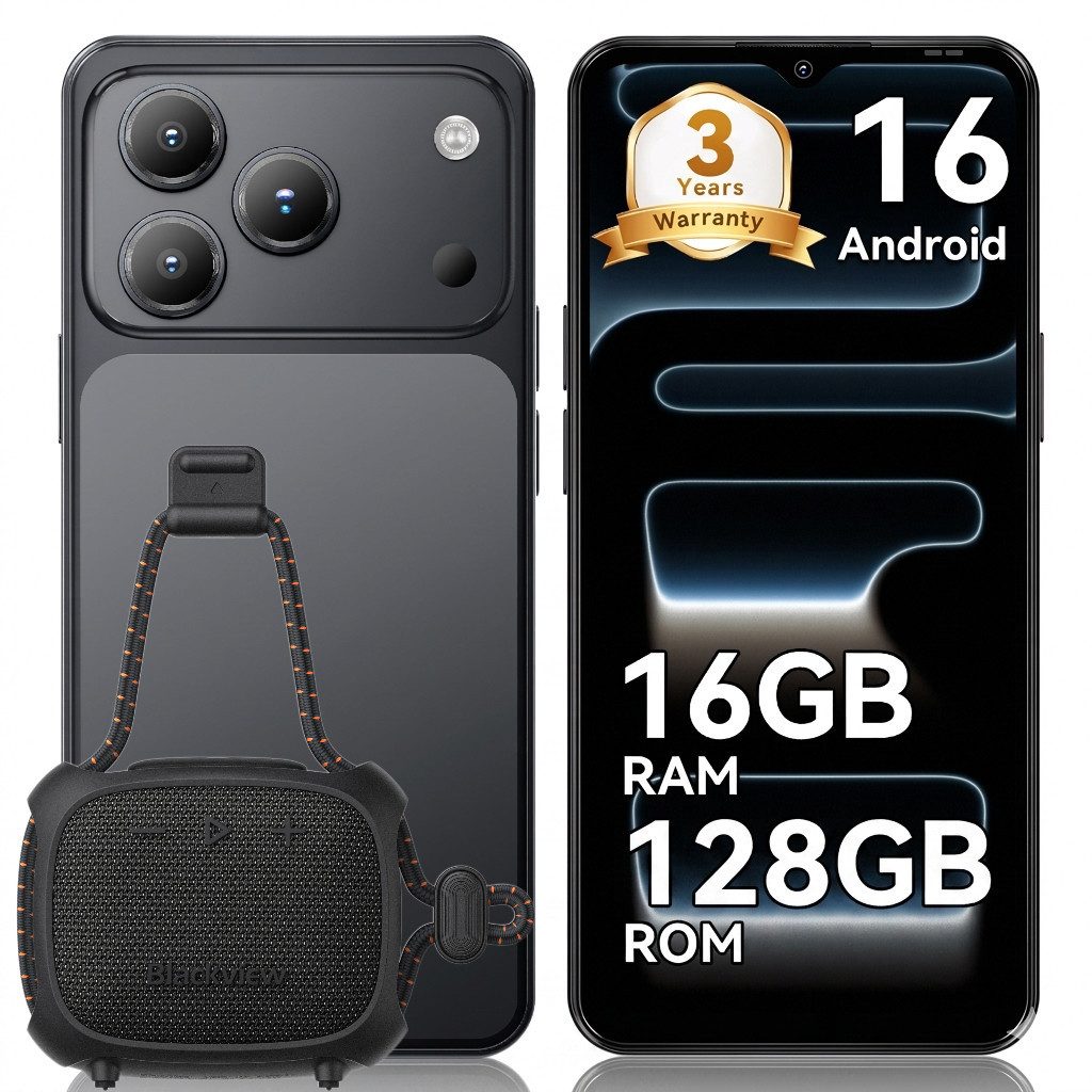 blackview A16 WAVE 7C (16+64/128GB) 60HZ 5000mAh und Bluetooth-Lautsprecher Smartphone (32 MP Kamera, 4G Dual SIM/Face ID/IP54/GPS/3 Jahre Garantie)
