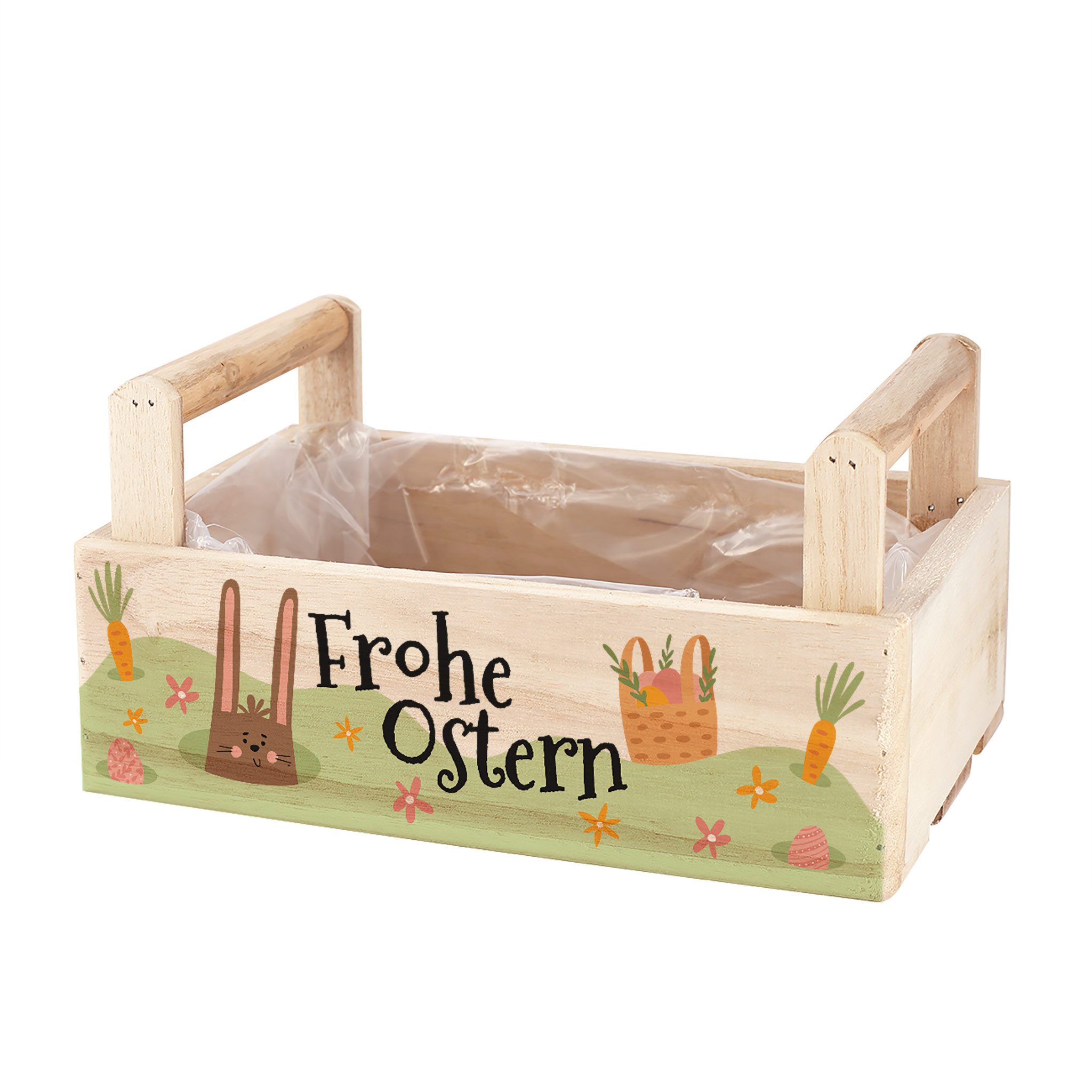 Herz & Heim Geschenkbox zu Ostern - Pflanzkorb aus Holz als Osterkorb für Ostergeschenke, 2 Griffe, mit Folie ausgekleidet
