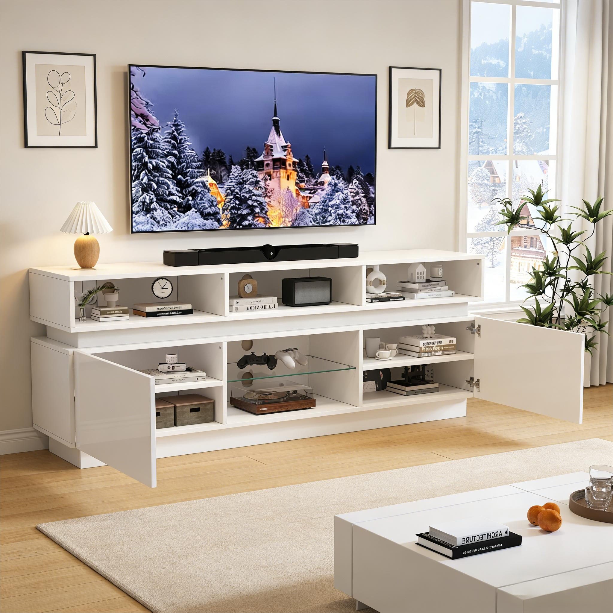 OKWISH TV-Schrank Hochglanz-Lowboard mit LED-Beleuchtung (Packung, 1-St., Aus MDF, für TVs bis 60 Zoll geeignet) TV-Ständer 160x35x60cm mit Glasablage in Weiß