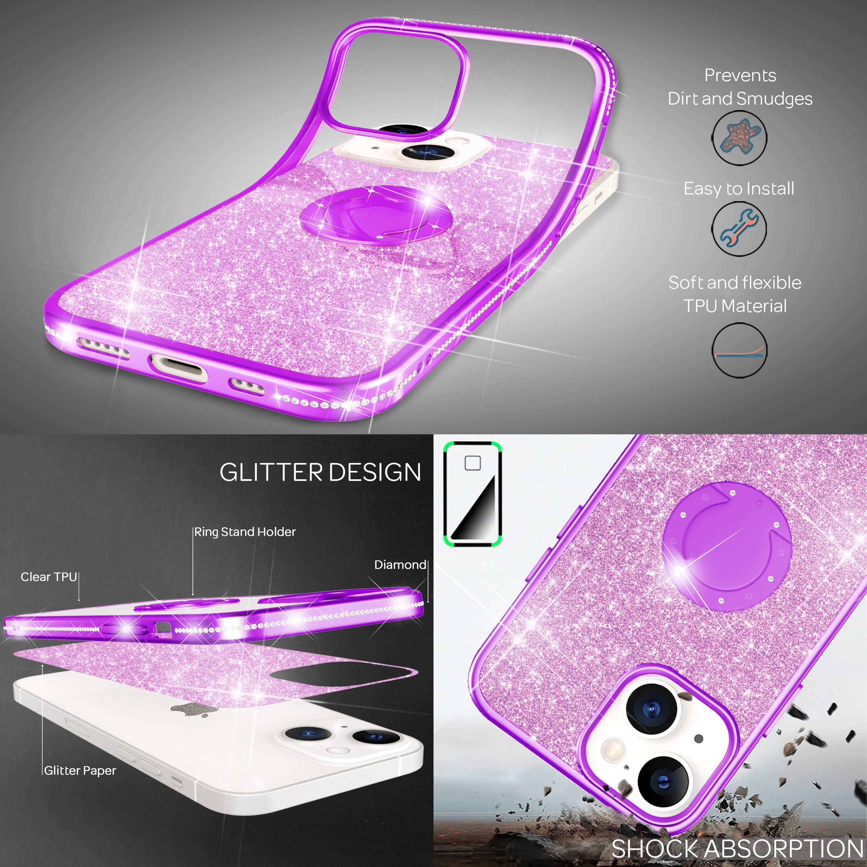 Nalia Smartphone-Hülle Apple iPhone 13 15,5 cm (6,1 Zoll), Glitzer Ring Silikon Hülle / 360 Grad Finger-Halter / Standfunktion