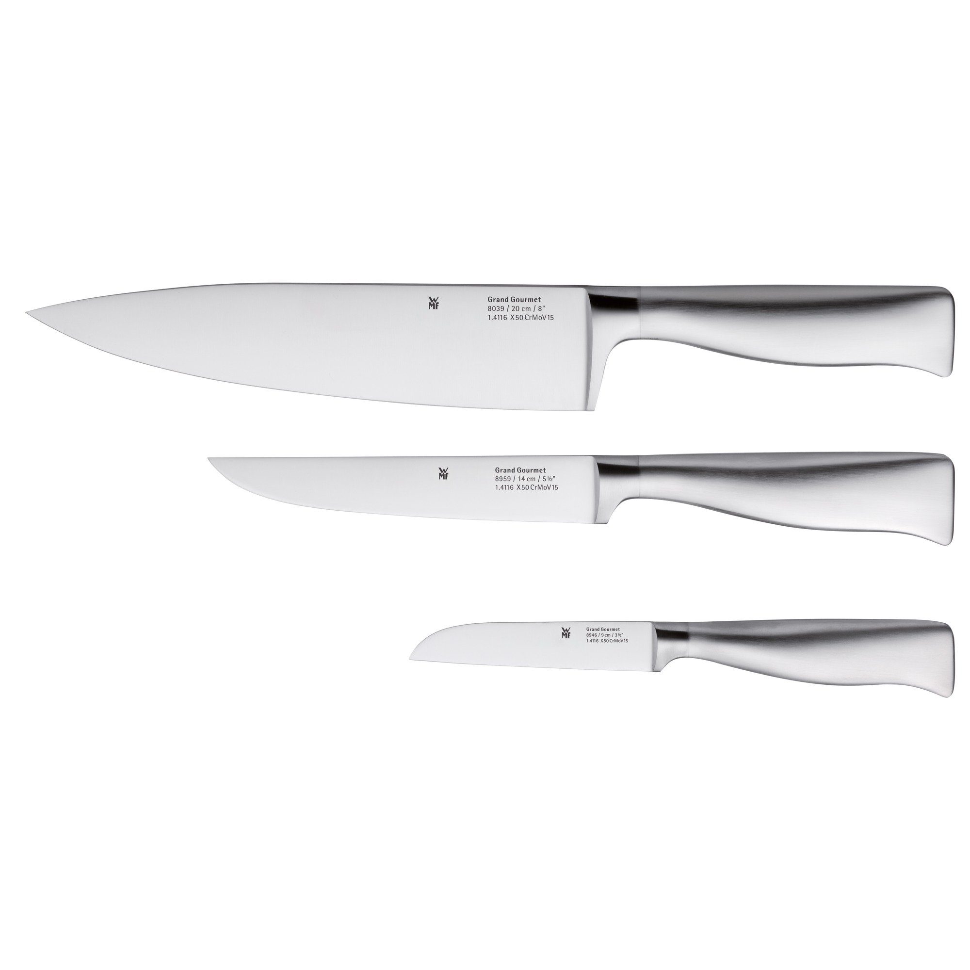 WMF Ножи-Set Grand Gourmet (1x Поварские ножи (Gesamtlänge 33,5 cm, Klinge 20 cm), 1x Zubereitungsmesser (Gesamtlänge 26,5 cm, Klinge 14 cm), 1x Овощные ножи (Gesamtlänge 19 cm, Klinge 9 cm), 3-tlg., Ножи-Vorteils Set 3teilig, 3 Ножи geschmiedet, Küchenmesser), Grand Gourmet, Performance Cut