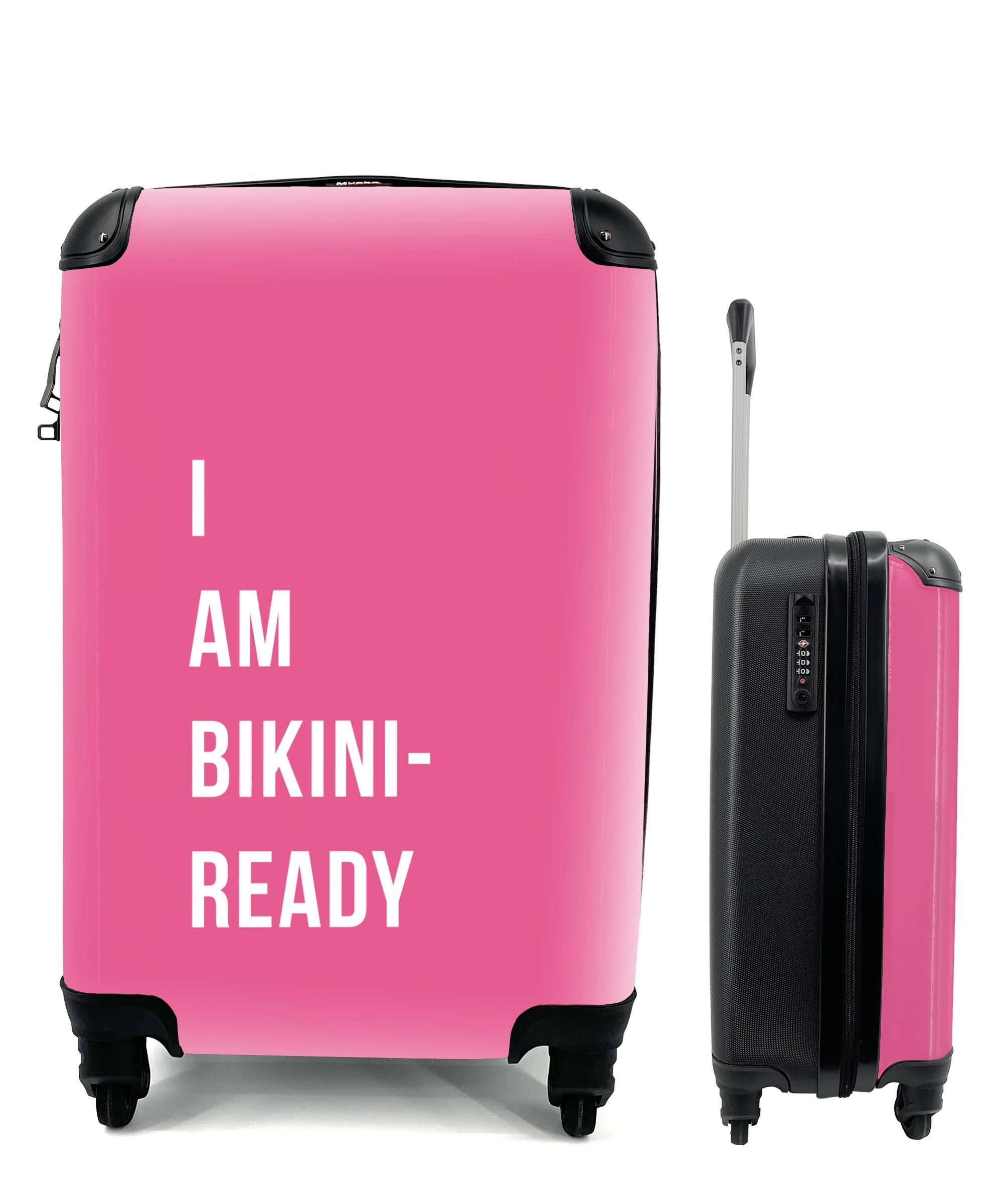 MuchoWow Handgepäckkoffer Pink - Reisetasche Rollen, - Bikini, bin mit Ferien, rollen, Zitat bereit für Trolley, Reisekoffer Ich Handgepäck den für 4