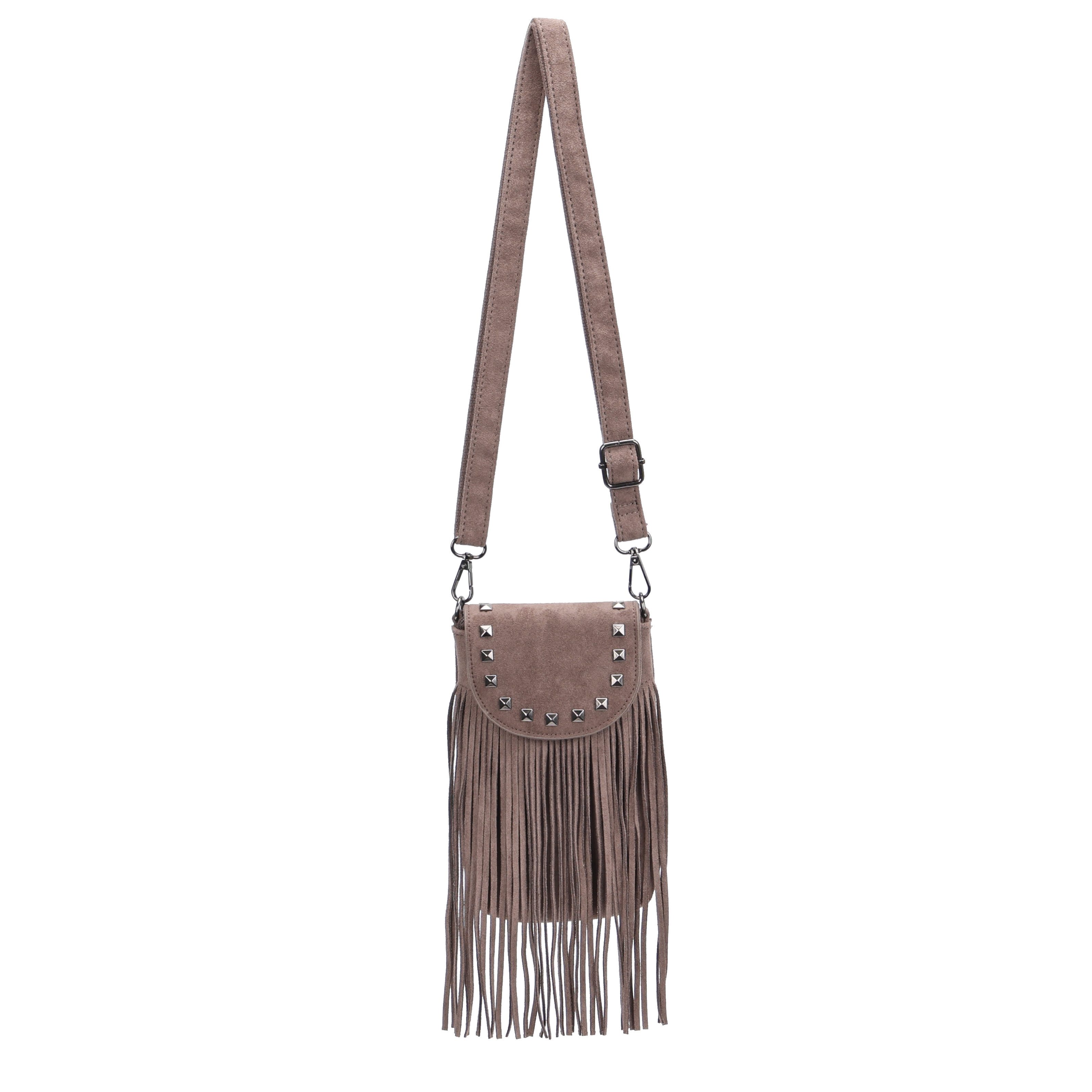 MIRROSI Umhängetasche Damen Handytasche Wildleder-Optik mit Fransen und Nieten (Kleine Crossbody bag, verstellbarer Schulterriemen, ca. 13 x 2 x 21 cm), Kleine Tasche, Schultertasche für jeden Anlass