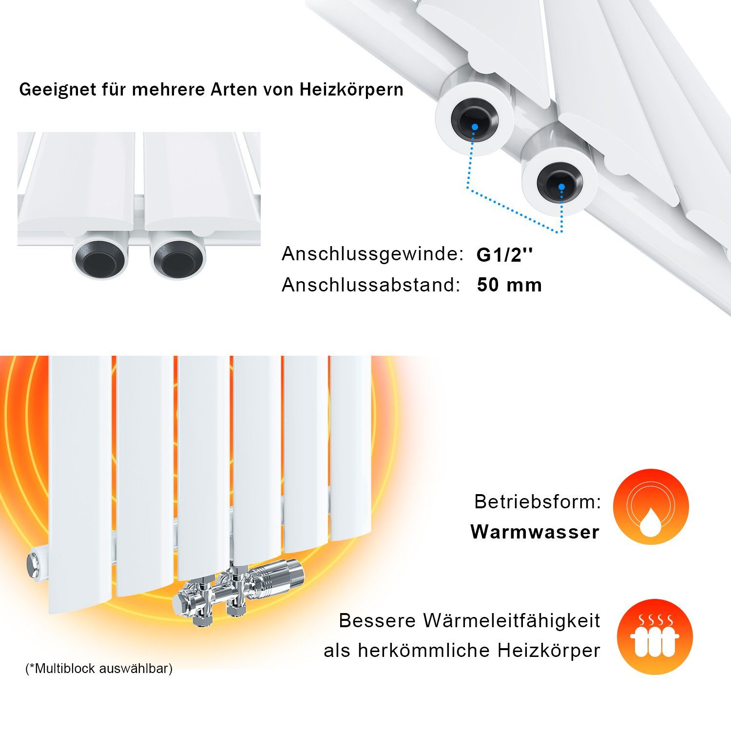 SONNI Heizkörper Heizkörper weiß Paneelheizkörper mit/ohne Chrom/weiß Thermostat, Einlagig/Doppellagig, Vertikal/Horizontal – Bild 4 von 5
