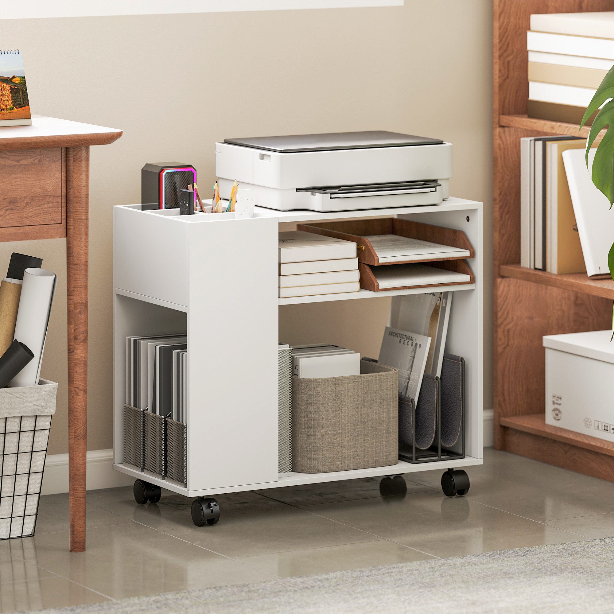 HOMCOM Aktenschrank Druckerständer, Druckerwagen, für Drucker, für Büro, Weiß (Druckertisch, 1-St., Schreibtisch Organizer) Mit Rollen und großem Stauraum
