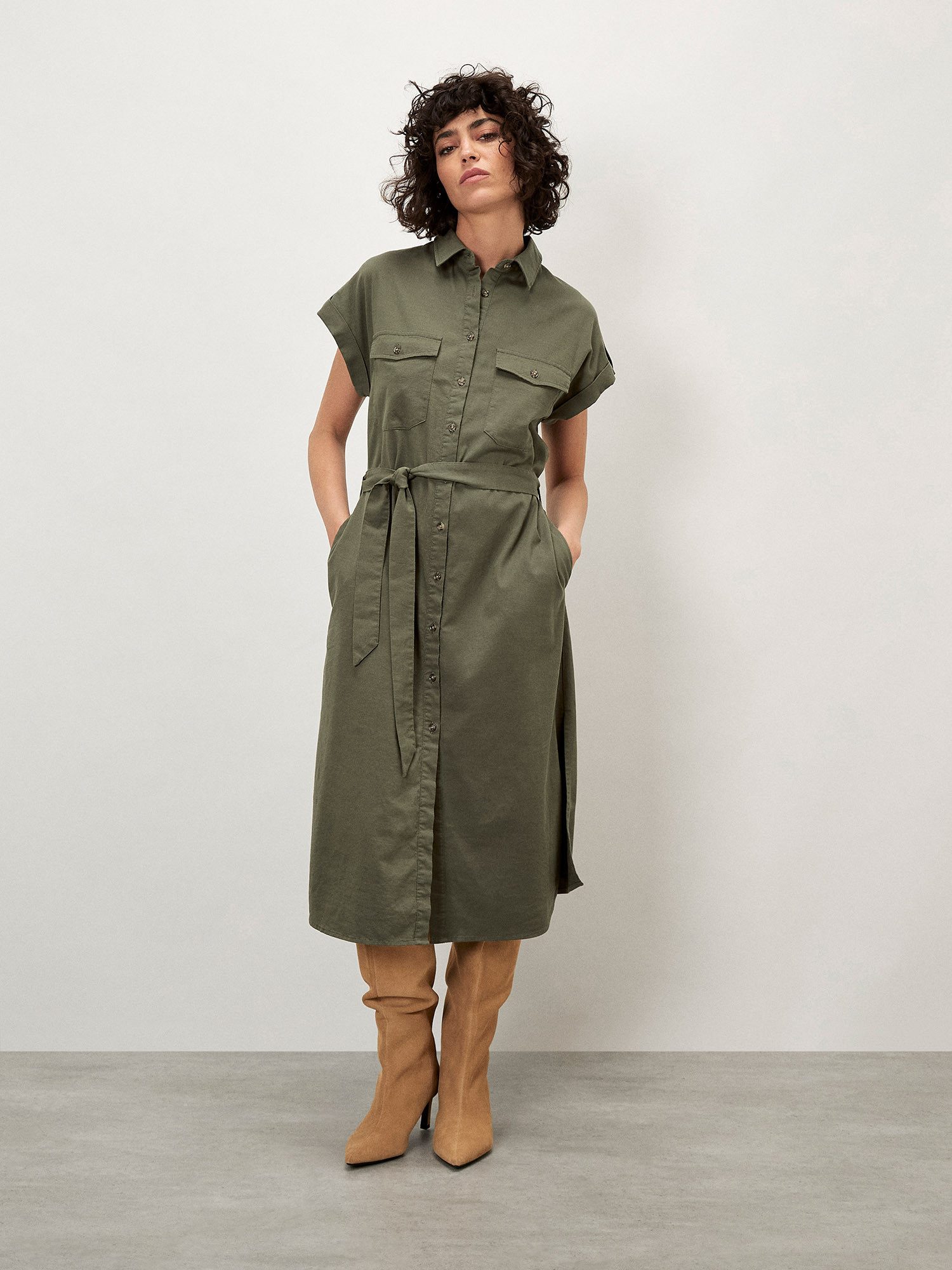 Apricot Midikleid Unifarbenes Hemdblusenkleid, mit Bindeband günstig online kaufen