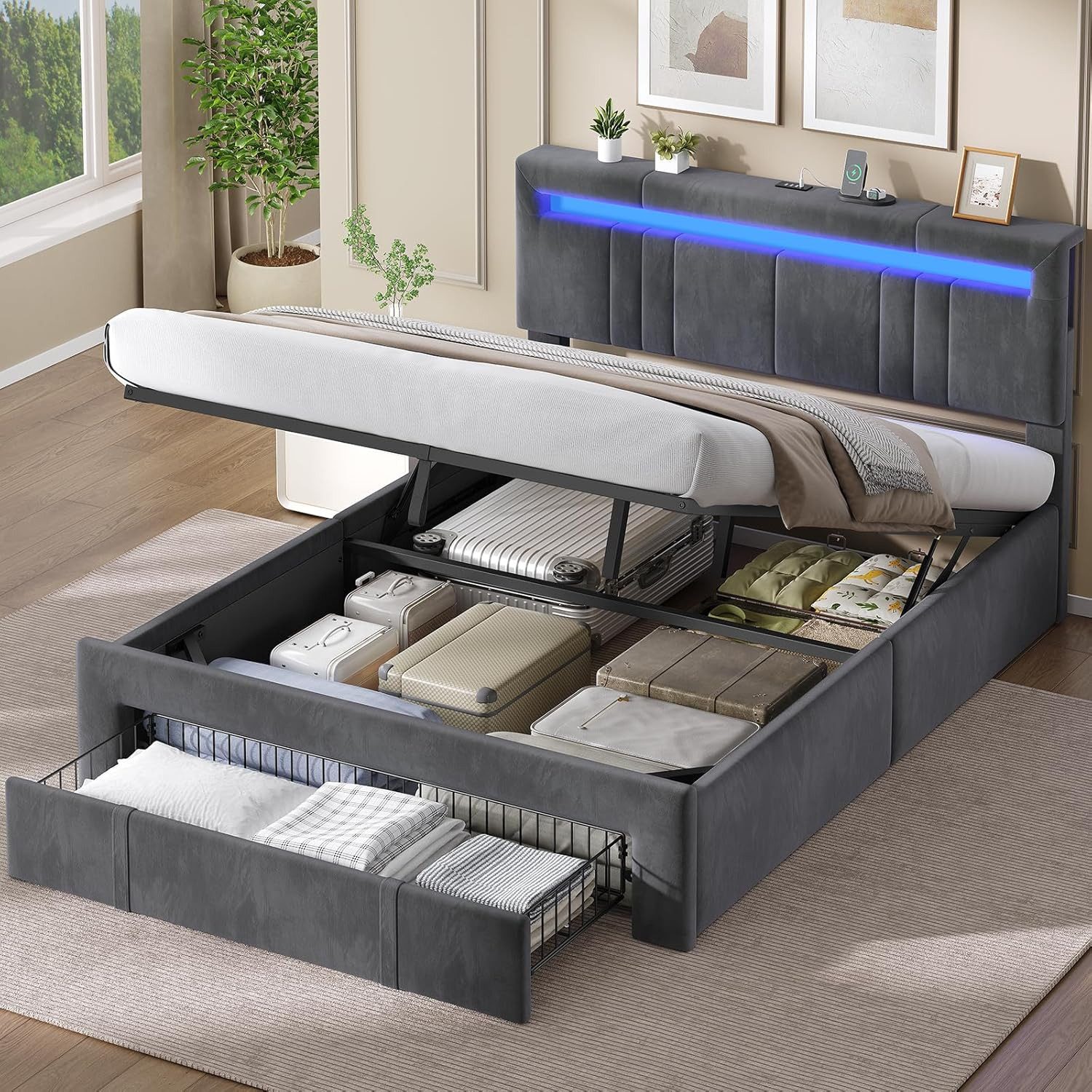 MSMASK Polsterbett mit Steckdosen und LED-Beleuchtung, höhenverstellbares Kopfteil (Ohne Matratze), Hydraulischer Stauraum & Große Schublade, Jugendbett 140x200cm